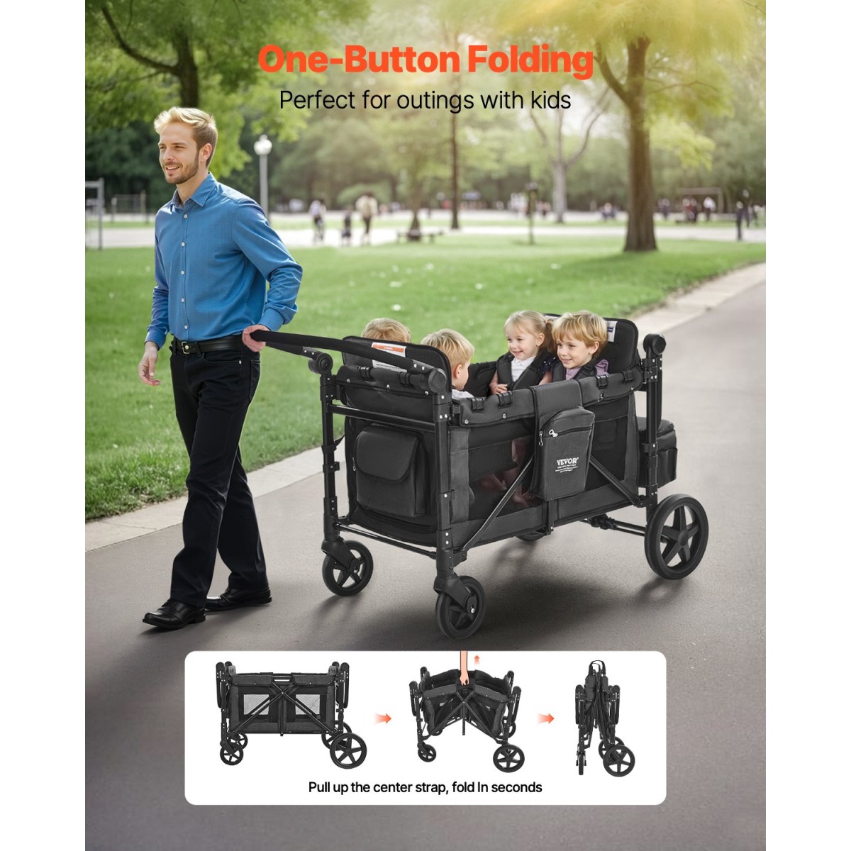 Καρότσι VEVOR Wagon για 4 παιδιά, Push Pull Quad πτυσσόμενο καρότσι με ρυθμιζόμενη λαβή, ζώνη ασφαλείας & αφαιρούμενο κουβούκλιο, καροτσάκι 4 θέσεων για κάμπινγκ, σκούρο γκρι & μαύρο (330LBS Φόρτωση)