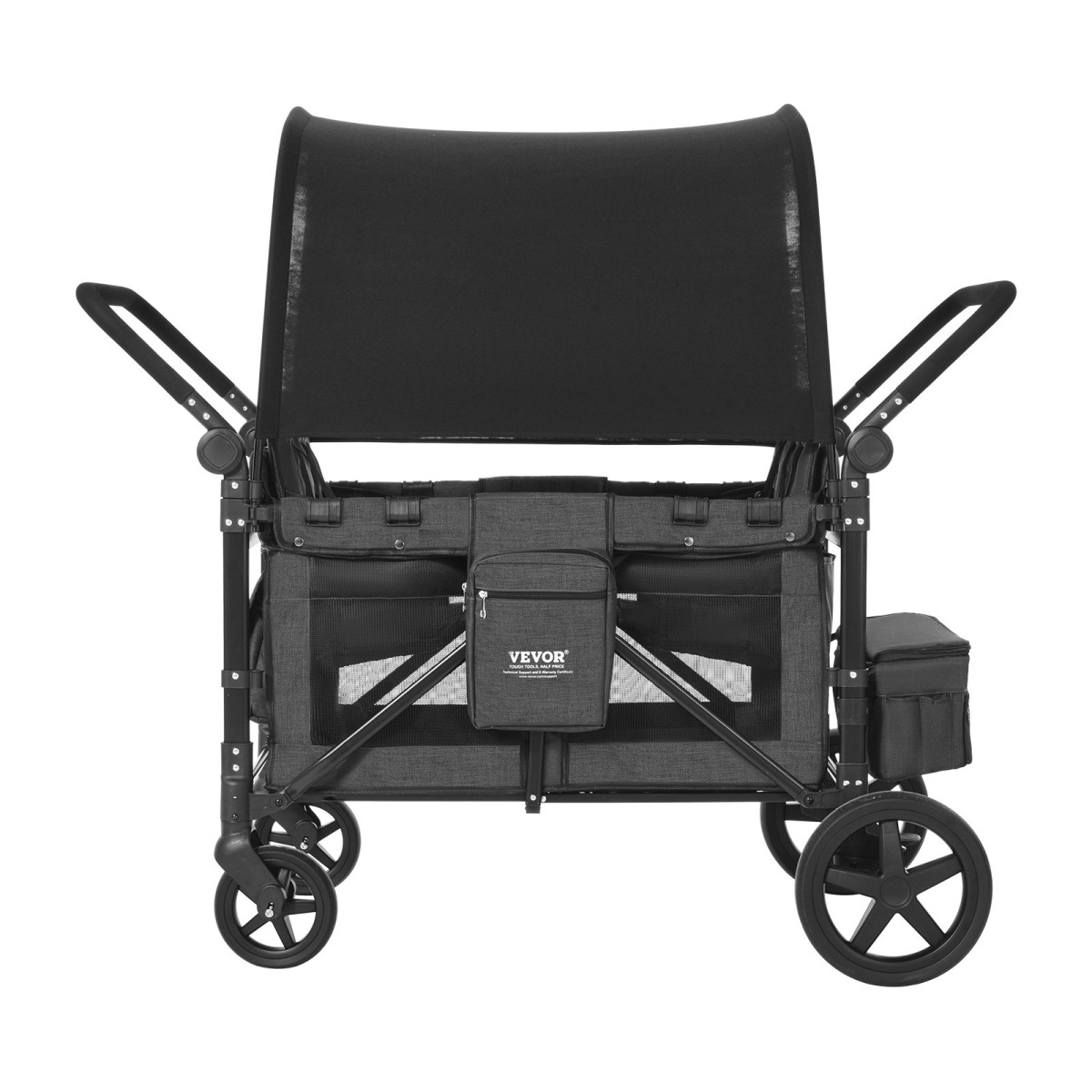 Καρότσι VEVOR Wagon για 4 παιδιά, Push Pull Quad πτυσσόμενο καρότσι με ρυθμιζόμενη λαβή, ζώνη ασφαλείας & αφαιρούμενο κουβούκλιο, καροτσάκι 4 θέσεων για κάμπινγκ, σκούρο γκρι & μαύρο (330LBS Φόρτωση)