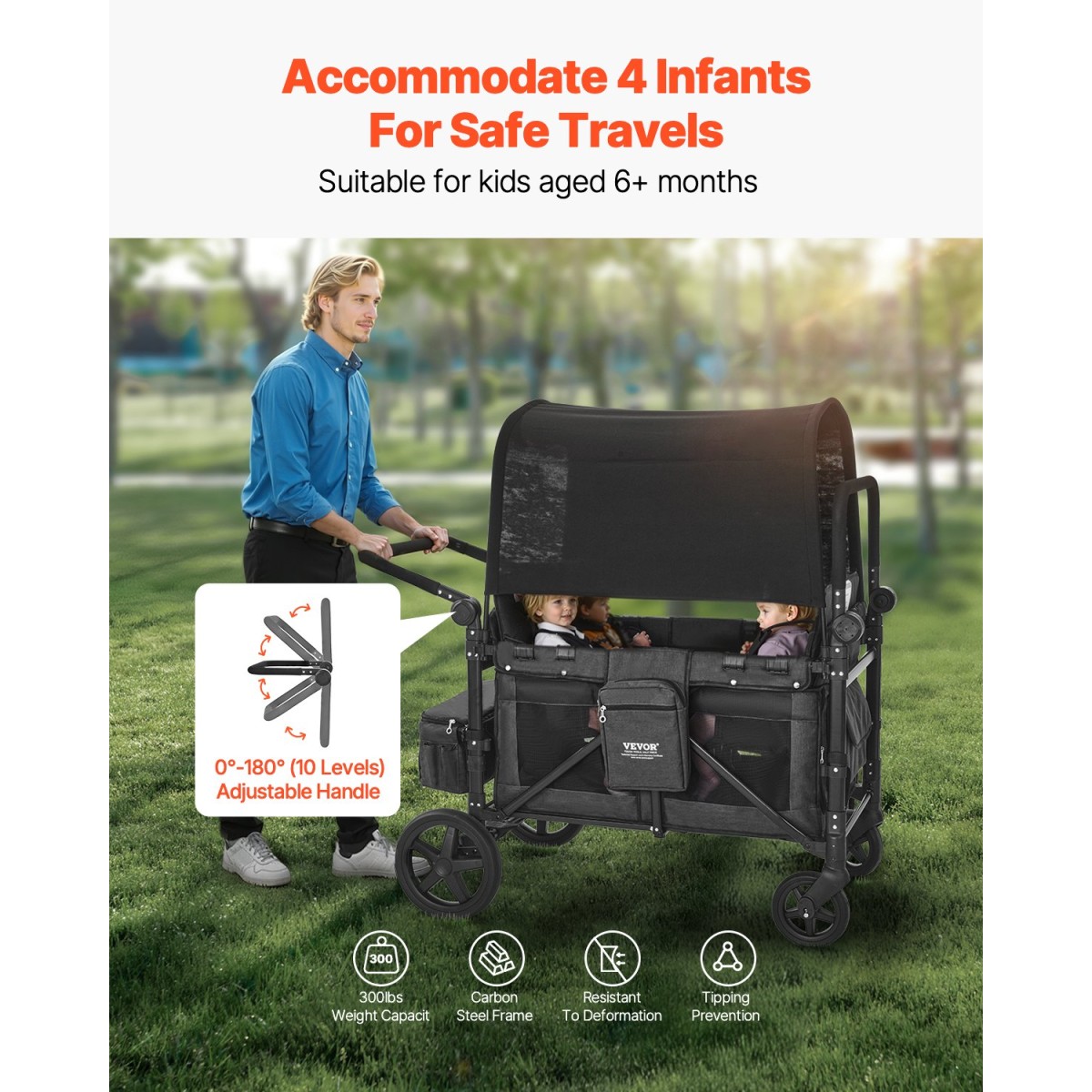 Καρότσι VEVOR Wagon για 4 παιδιά, Push Pull Quad πτυσσόμενο καρότσι με ρυθμιζόμενη λαβή, ζώνη ασφαλείας & αφαιρούμενο κουβούκλιο, καροτσάκι 4 θέσεων για κάμπινγκ, σκούρο γκρι & μαύρο (330LBS Φόρτωση)