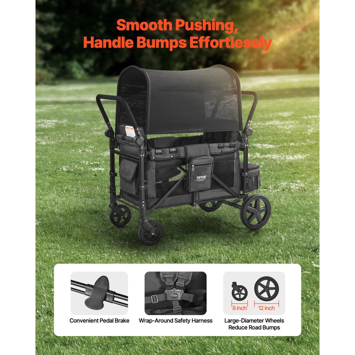 Καρότσι VEVOR Wagon για 4 παιδιά, Push Pull Quad πτυσσόμενο καρότσι με ρυθμιζόμενη λαβή, ζώνη ασφαλείας & αφαιρούμενο κουβούκλιο, καροτσάκι 4 θέσεων για κάμπινγκ, σκούρο γκρι & μαύρο (330LBS Φόρτωση)