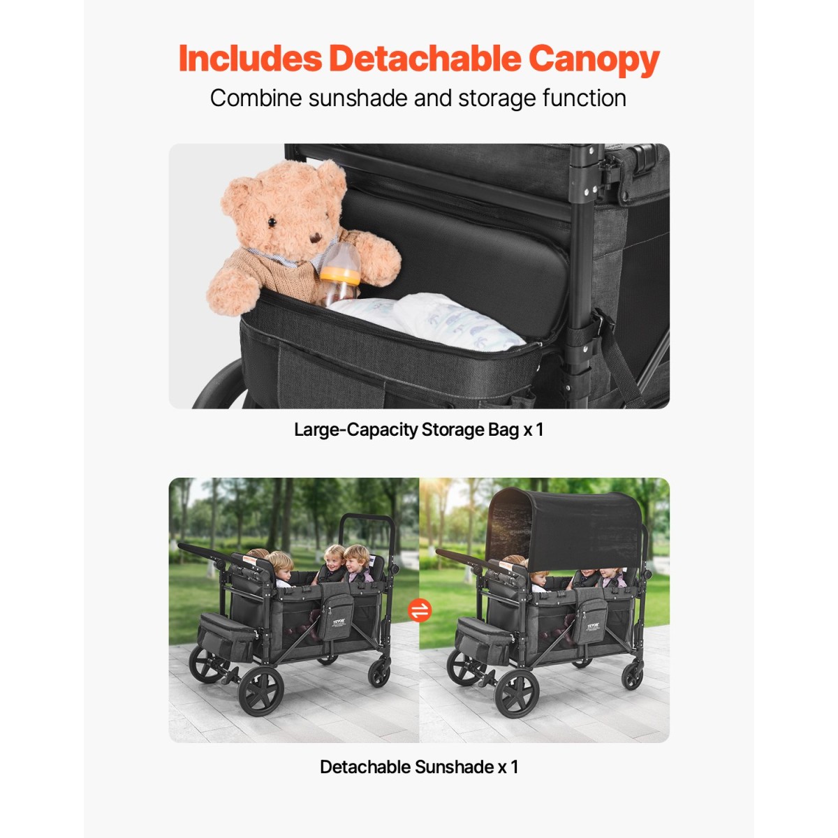 Καρότσι VEVOR Wagon για 4 παιδιά, Push Pull Quad πτυσσόμενο καρότσι με ρυθμιζόμενη λαβή, ζώνη ασφαλείας & αφαιρούμενο κουβούκλιο, καροτσάκι 4 θέσεων για κάμπινγκ, σκούρο γκρι & μαύρο (330LBS Φόρτωση)