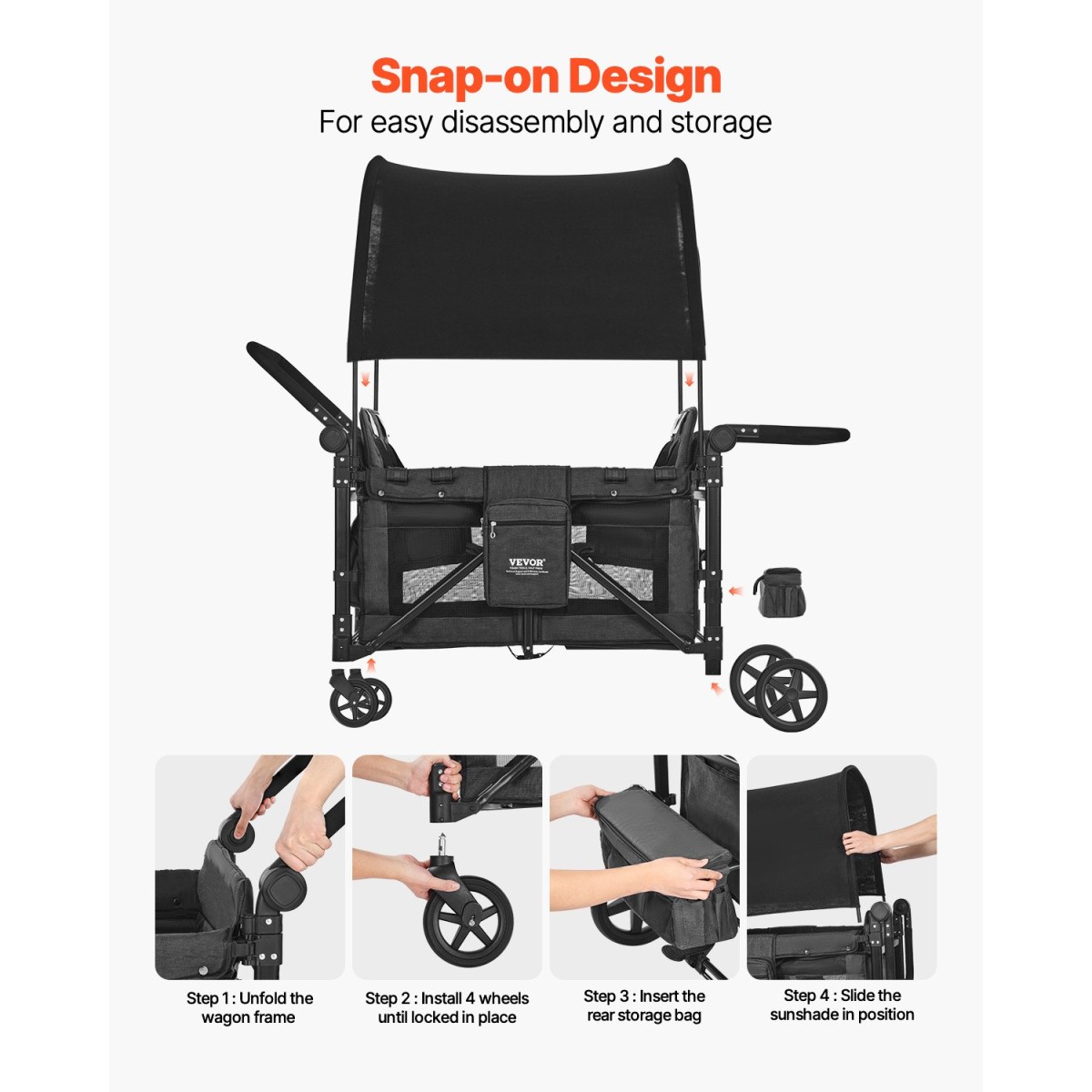 Καρότσι VEVOR Wagon για 4 παιδιά, Push Pull Quad πτυσσόμενο καρότσι με ρυθμιζόμενη λαβή, ζώνη ασφαλείας & αφαιρούμενο κουβούκλιο, καροτσάκι 4 θέσεων για κάμπινγκ, σκούρο γκρι & μαύρο (330LBS Φόρτωση)