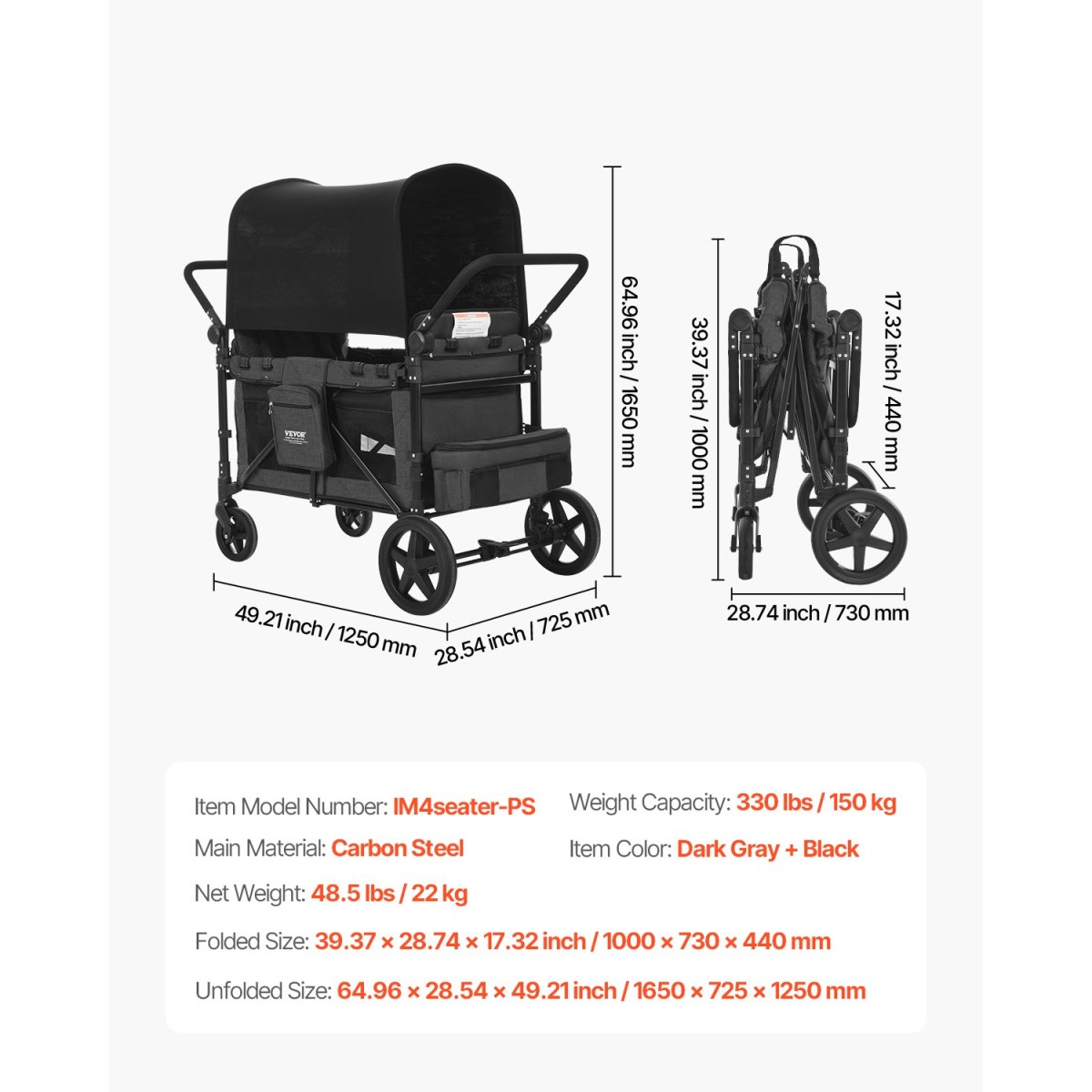 Καρότσι VEVOR Wagon για 4 παιδιά, Push Pull Quad πτυσσόμενο καρότσι με ρυθμιζόμενη λαβή, ζώνη ασφαλείας & αφαιρούμενο κουβούκλιο, καροτσάκι 4 θέσεων για κάμπινγκ, σκούρο γκρι & μαύρο (330LBS Φόρτωση)