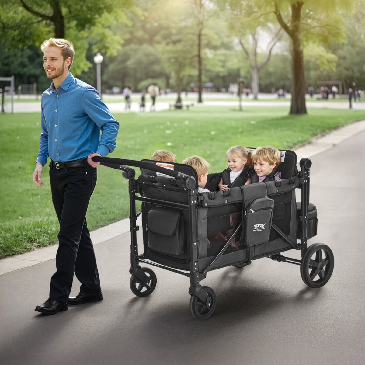 Καρότσι VEVOR Wagon για 4 παιδιά, Push Pull Quad πτυσσόμενο καρότσι με ρυθμιζόμενη λαβή, ζώνη ασφαλείας & αφαιρούμενο κουβούκλιο, καροτσάκι 4 θέσεων για κάμπινγκ, σκούρο γκρι & μαύρο (330LBS Φόρτωση)