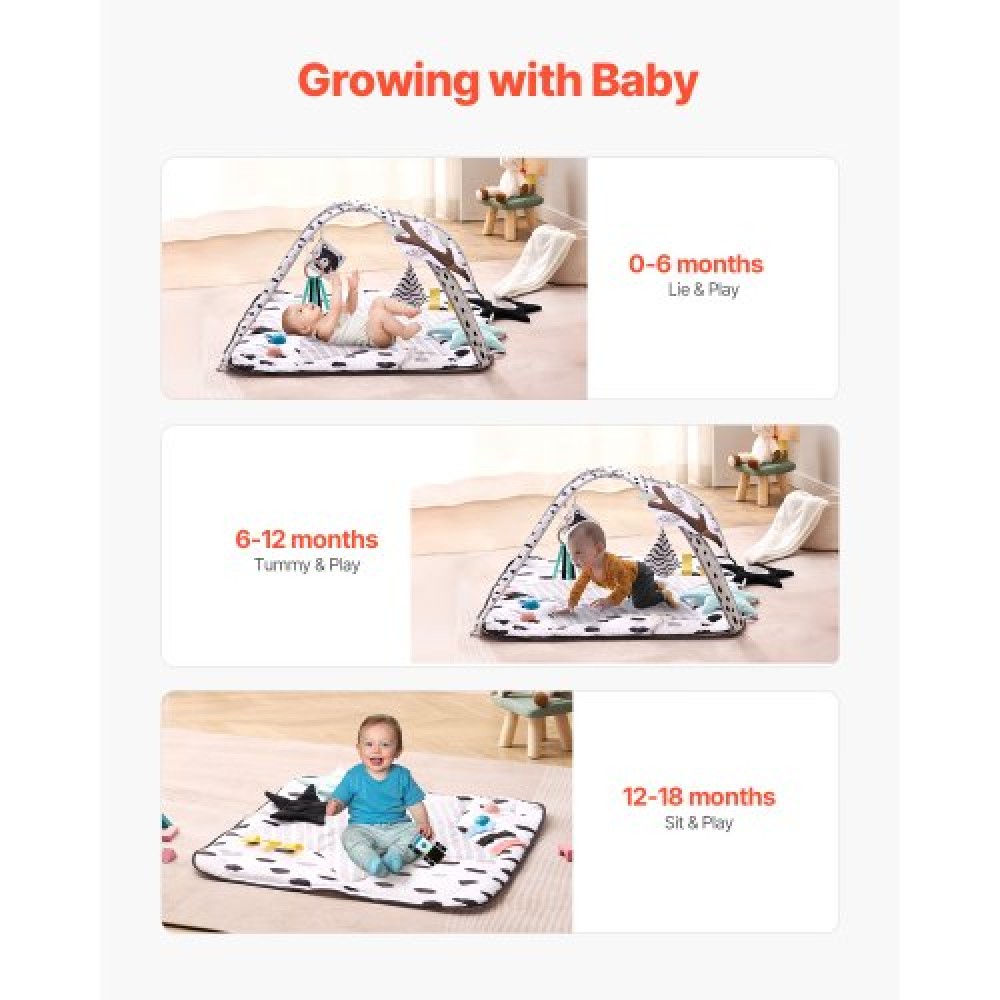 VEVOR Baby Play Gym Mat Tummy Time Activity Mat with 6 Sensory Toy 34.4" x 34.4"