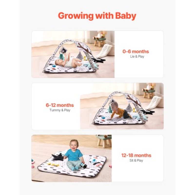 VEVOR Baby Play Gym Mat, Tummy Time Mat με 6 Sensory Toys, Baby Activity Mat με 2 μπάλες αφής & μαλακό ύφασμα για ανάπτυξη αισθητηριακών και κινητικών δεξιοτήτων, βασικό δώρο μωρού για νεογέννητο βρέφος 0-18 μηνών