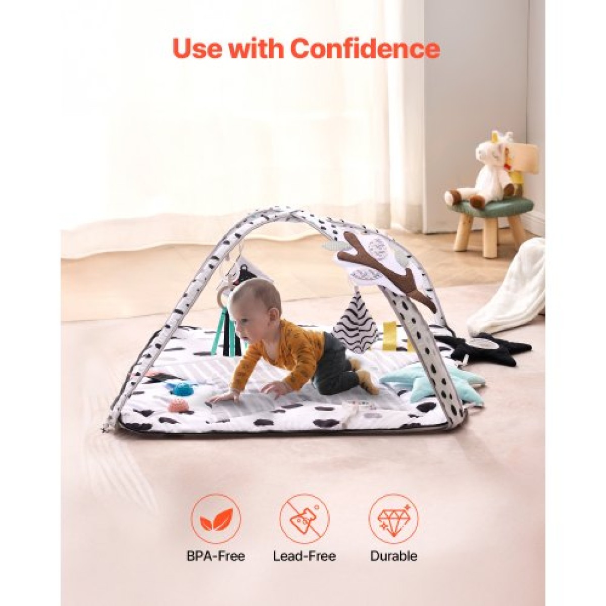 VEVOR Baby Play Gym Mat, Tummy Time Mat με 6 Sensory Toys, Baby Activity Mat με 2 μπάλες αφής & μαλακό ύφασμα για ανάπτυξη αισθητηριακών και κινητικών δεξιοτήτων, βασικό δώρο μωρού για νεογέννητο βρέφος 0-18 μηνών