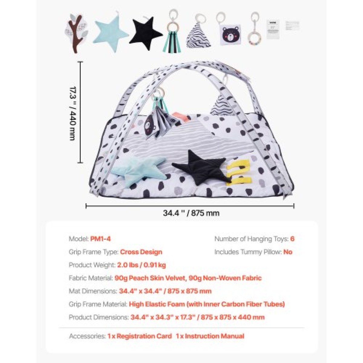 VEVOR Baby Play Gym Mat, Tummy Time Mat με 6 Sensory Toys, Baby Activity Mat με 2 μπάλες αφής & μαλακό ύφασμα για ανάπτυξη αισθητηριακών και κινητικών δεξιοτήτων, βασικό δώρο μωρού για νεογέννητο βρέφος 0-18 μηνών