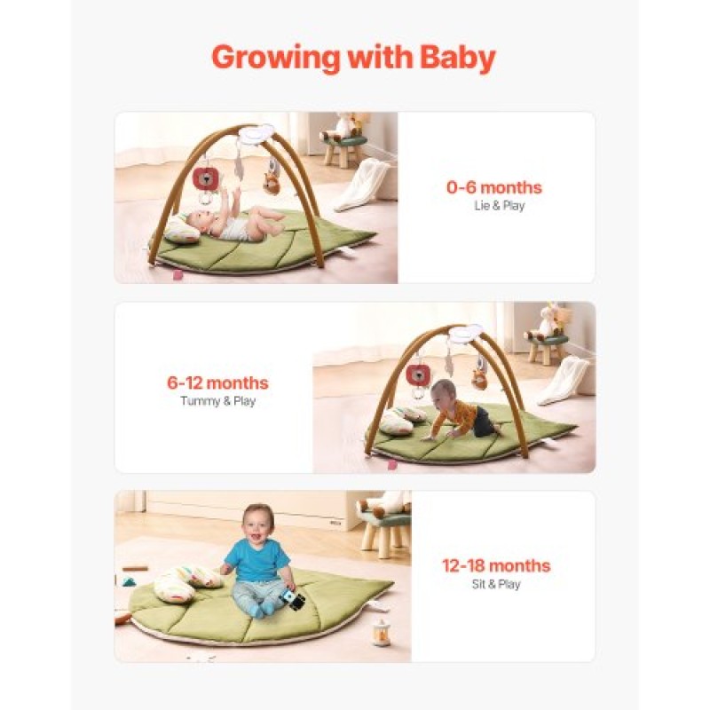 VEVOR Baby Play Gym Mat, Baby Activity Mat με 6 Sensory Toys, Oversize σε σχήμα φύλλου Tummy Time Mat για νεογέννητο βρέφος 0-18 μηνών, βασικό δώρο μωρού για κινητικές δεξιότητες και πρώιμη γνωστική ανάπτυξη