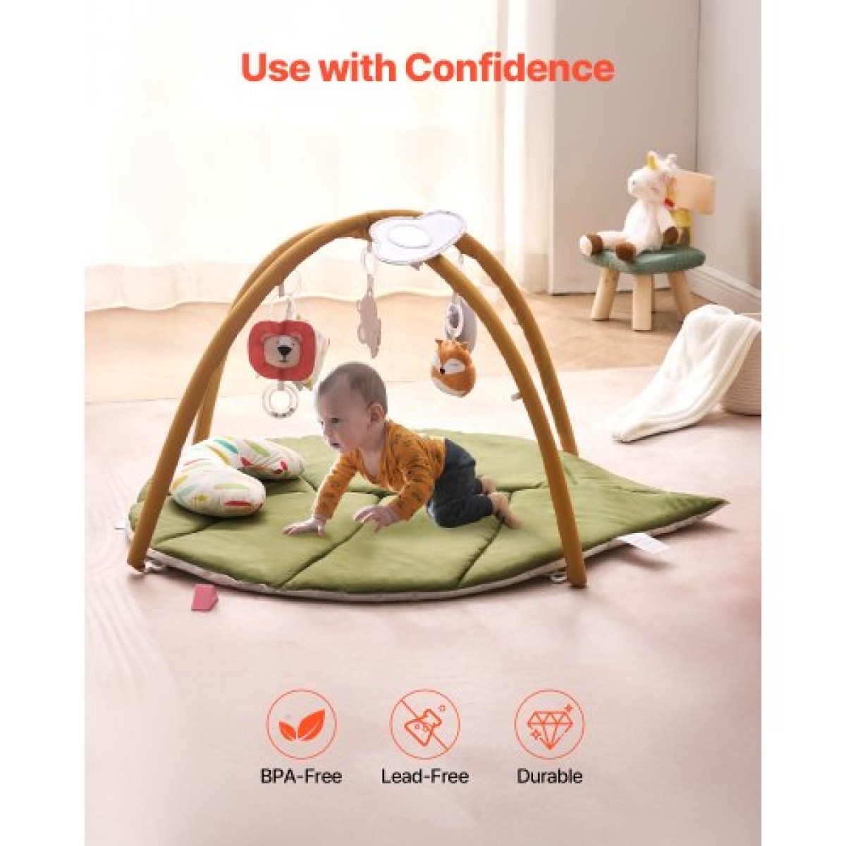 VEVOR Baby Play Gym Mat, Baby Activity Mat με 6 Sensory Toys, Oversize σε σχήμα φύλλου Tummy Time Mat για νεογέννητο βρέφος 0-18 μηνών, βασικό δώρο μωρού για κινητικές δεξιότητες και πρώιμη γνωστική ανάπτυξη