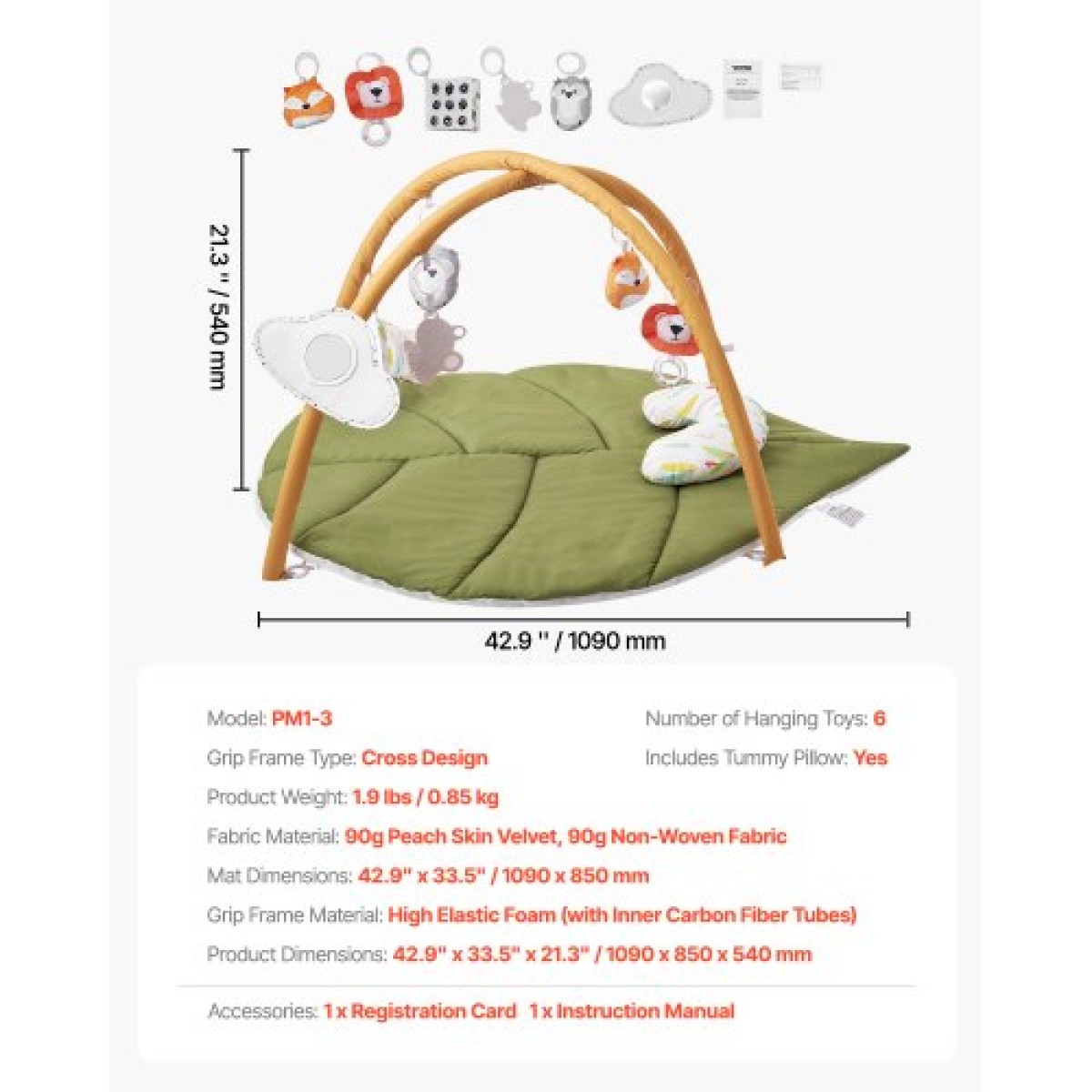 VEVOR Baby Play Gym Mat, Baby Activity Mat με 6 Sensory Toys, Oversize σε σχήμα φύλλου Tummy Time Mat για νεογέννητο βρέφος 0-18 μηνών, βασικό δώρο μωρού για κινητικές δεξιότητες και πρώιμη γνωστική ανάπτυξη