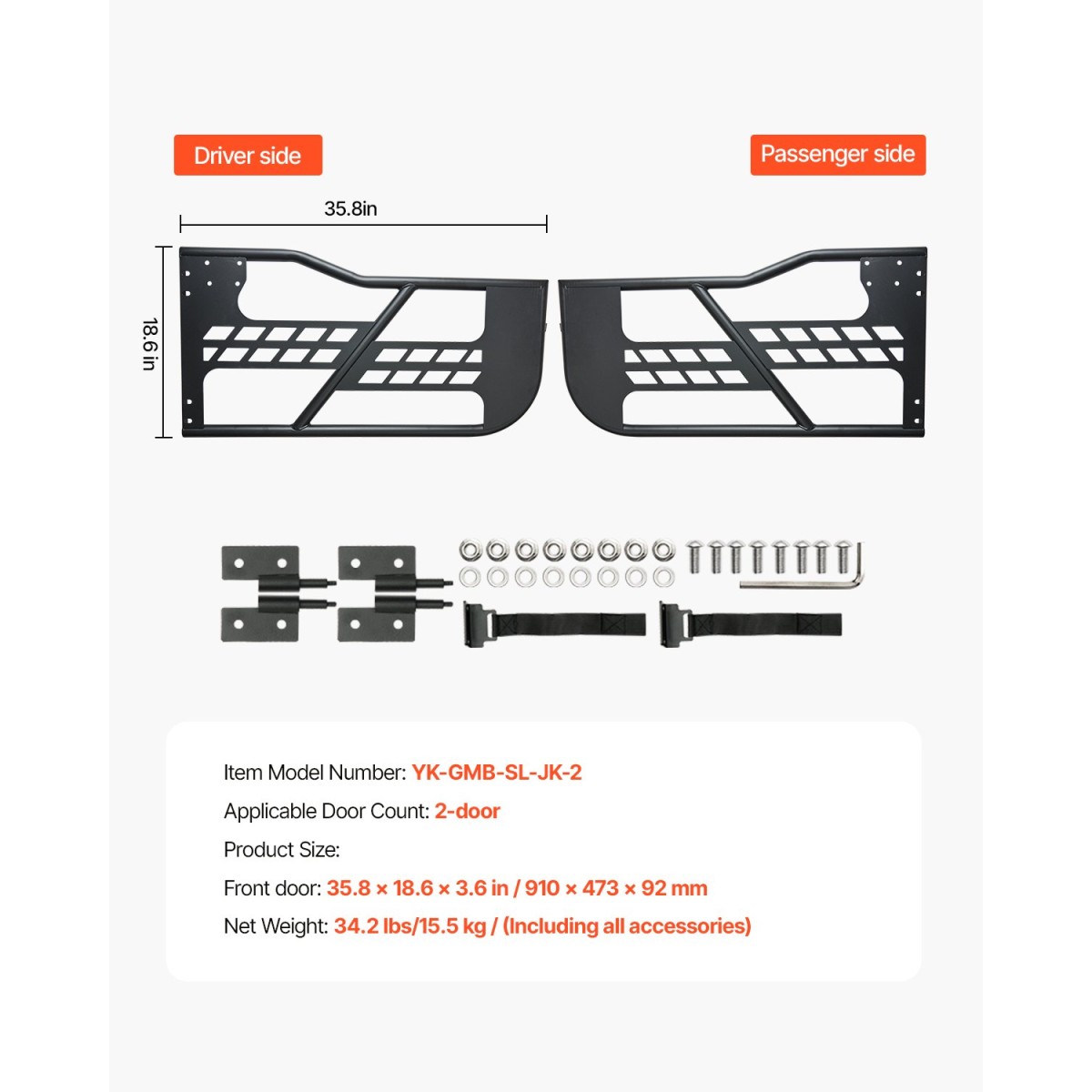 VEVOR Jeep Tube Doors, 2-θυρο, κυνηγετικό Jeep Tubular Door με βαρέως τύπου μεντεσέδες & OE μάνδαλο, πόρτες Jeep με λαστιχένια μαξιλάρια & σκληρυμένο ατσάλι, κατάλληλο για Jeep Wrangler JK 2007-2018