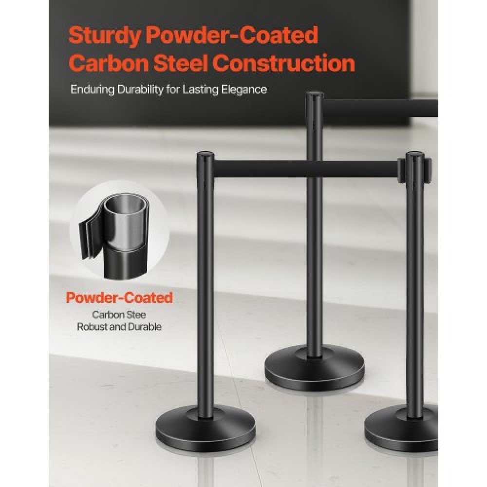 VEVOR Stanchion Post, 4 τεμ. Crowd Control Barrier με 4 ανασυρόμενες ζώνες, Carbon Steel Black Stanchion Post Queue με Sand Injection Hollow Base για θέατρα, πάρτι, γάμους, εκθέσεις, μαύρο