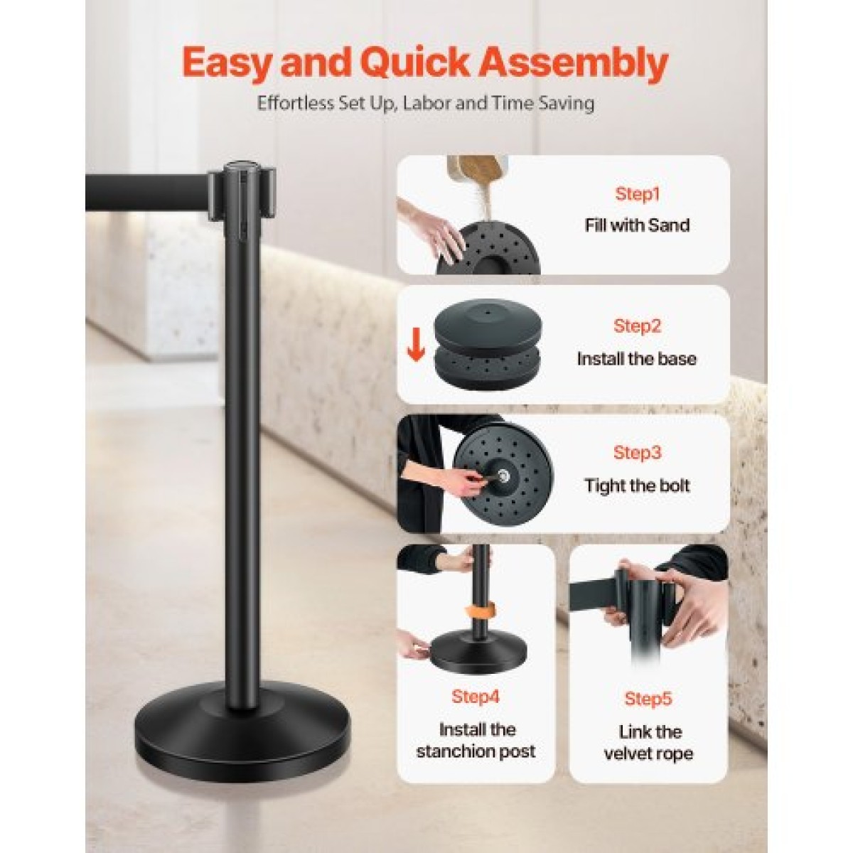 VEVOR Stanchion Post, 4 τεμ. Crowd Control Barrier με 4 ανασυρόμενες ζώνες, Carbon Steel Black Stanchion Post Queue με Sand Injection Hollow Base για θέατρα, πάρτι, γάμους, εκθέσεις, μαύρο
