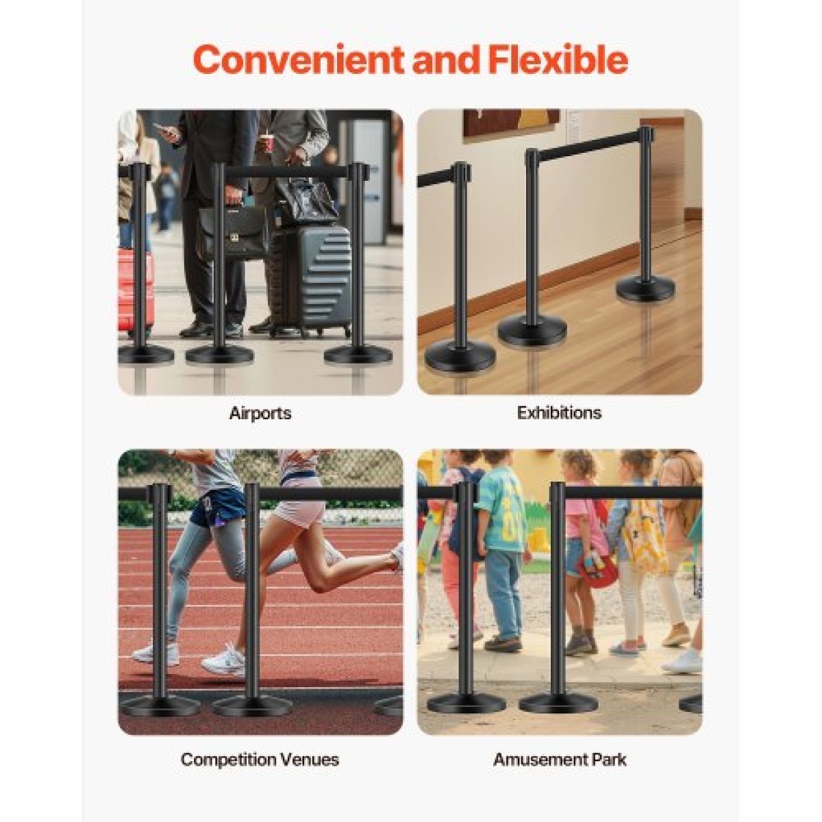 VEVOR Stanchion Post, 4 τεμ. Crowd Control Barrier με 4 ανασυρόμενες ζώνες, Carbon Steel Black Stanchion Post Queue με Sand Injection Hollow Base για θέατρα, πάρτι, γάμους, εκθέσεις, μαύρο