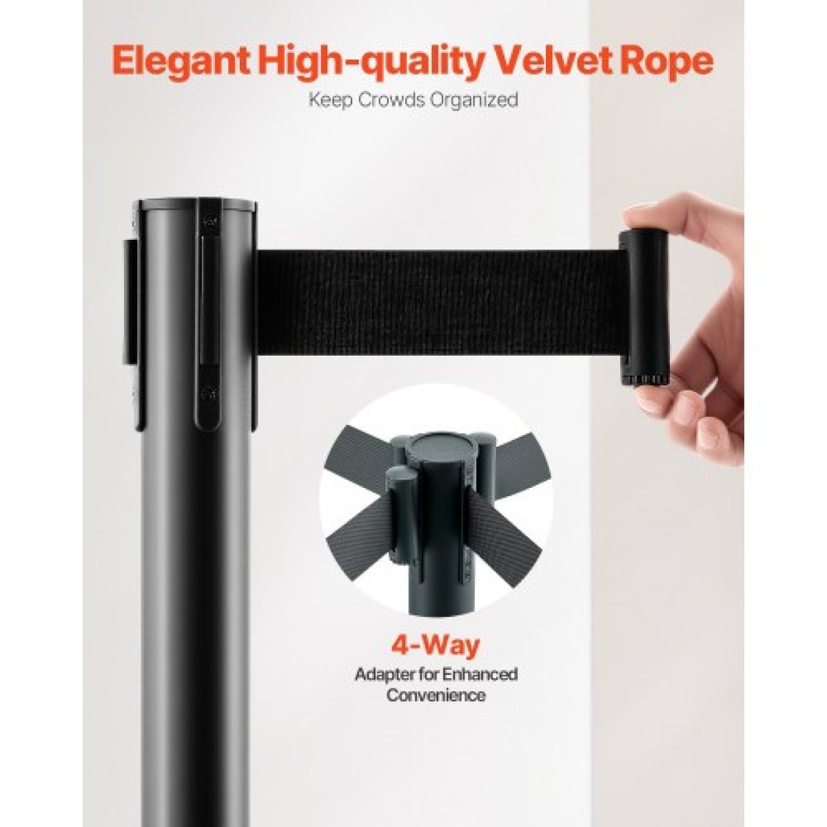 VEVOR Stanchion Post, 4 τεμ. Crowd Control Barrier με 4 ανασυρόμενες ζώνες, Carbon Steel Black Stanchion Post Queue με Sand Injection Hollow Base για θέατρα, πάρτι, γάμους, εκθέσεις, μαύρο