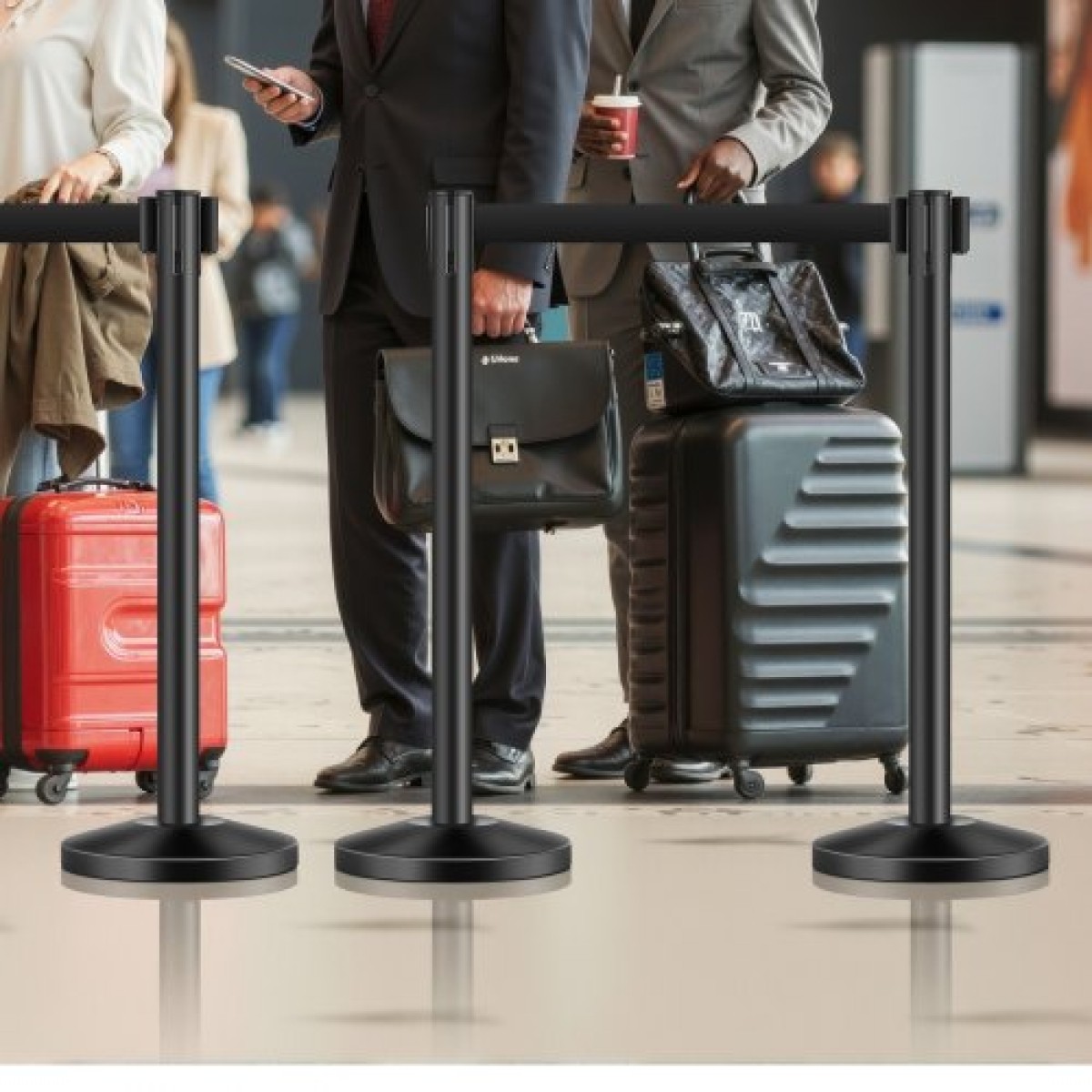 VEVOR Stanchion Post, 4 τεμ. Crowd Control Barrier με 4 ανασυρόμενες ζώνες, Carbon Steel Black Stanchion Post Queue με Sand Injection Hollow Base για θέατρα, πάρτι, γάμους, εκθέσεις, μαύρο