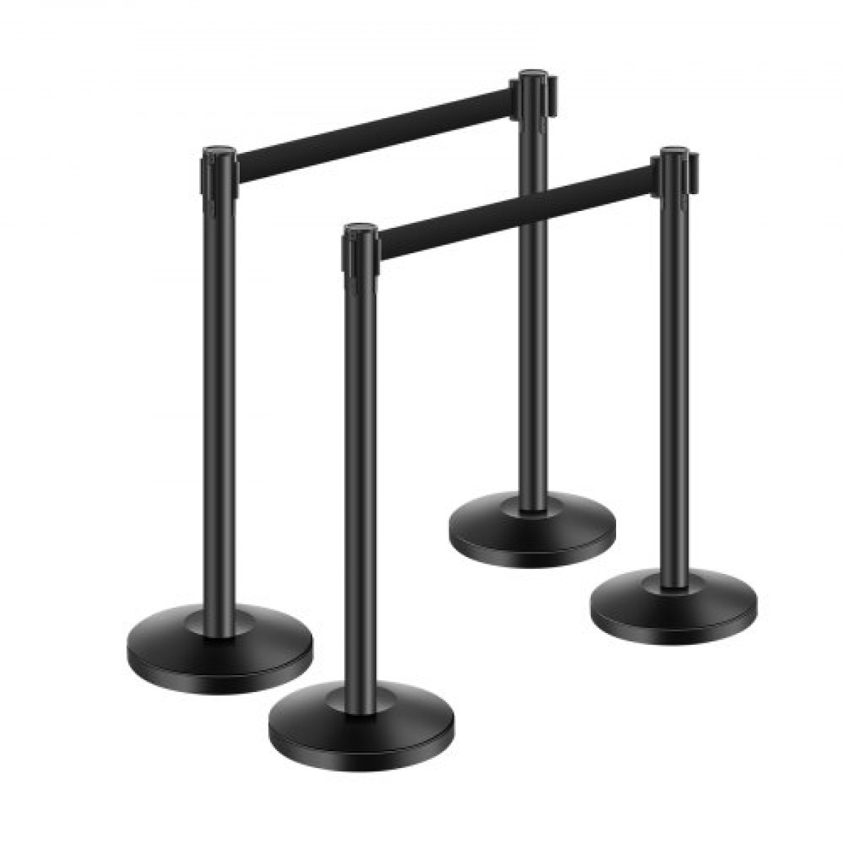VEVOR Stanchion Post, 4 τεμ. Crowd Control Barrier με 4 ανασυρόμενες ζώνες, Carbon Steel Black Stanchion Post Queue με Sand Injection Hollow Base για θέατρα, πάρτι, γάμους, εκθέσεις, μαύρο
