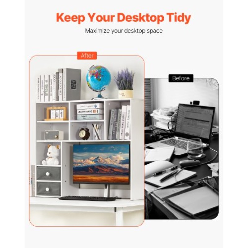 VEVOR Desktop Bookshelf, 3-Tier Desktop Storage Organizer, 37" x 10" x 31,1" ράφι γραφείου αποθήκευσης Ξύλινο ράφι, θήκη για επιτραπέζιο ράφι με δύο υφασμάτινα συρτάρια, για γραφείο, σπίτι και κοιτώνα, λευκό