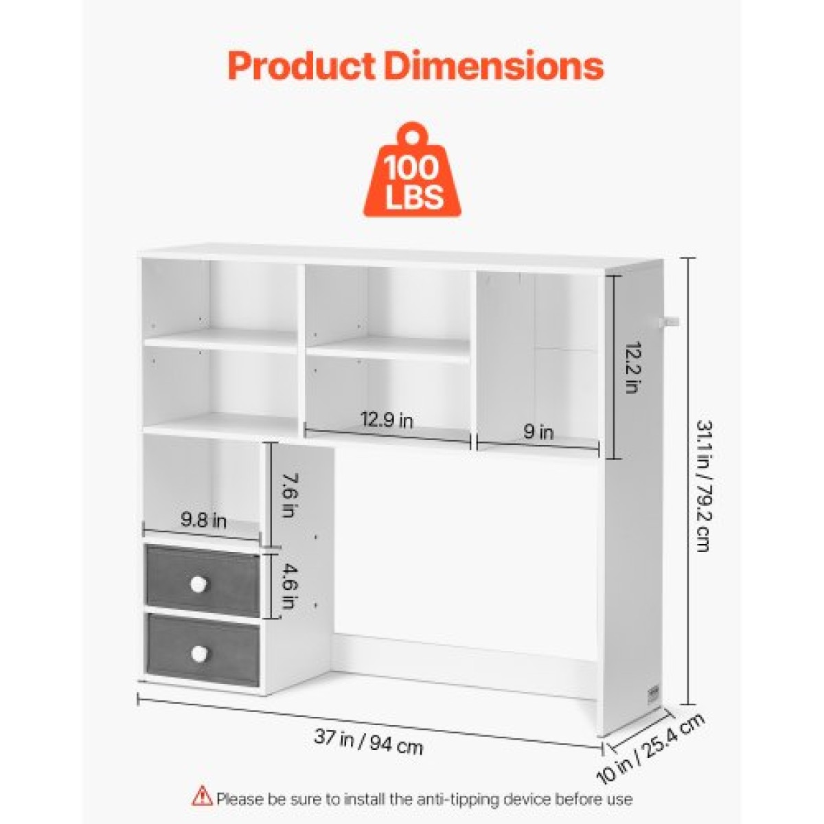 VEVOR Desktop Bookshelf, 3-Tier Desktop Storage Organizer, 37" x 10" x 31,1" ράφι γραφείου αποθήκευσης Ξύλινο ράφι, θήκη για επιτραπέζιο ράφι με δύο υφασμάτινα συρτάρια, για γραφείο, σπίτι και κοιτώνα, λευκό