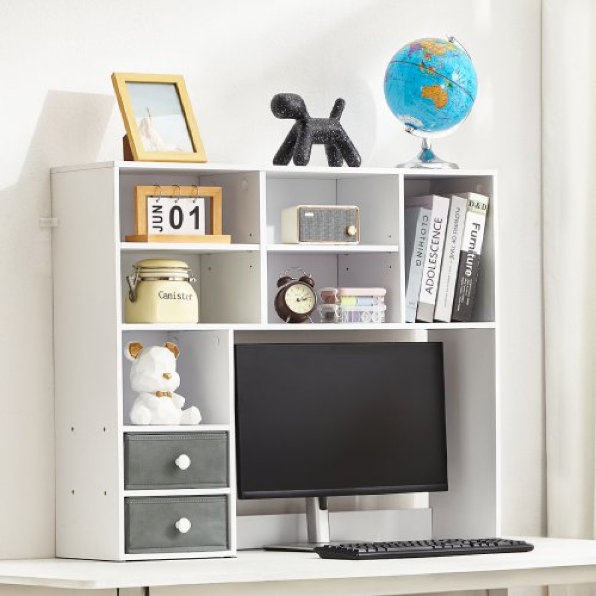 VEVOR Desktop Bookshelf, 3-Tier Desktop Storage Organizer, 37" x 10" x 31,1" ράφι γραφείου αποθήκευσης Ξύλινο ράφι, θήκη για επιτραπέζιο ράφι με δύο υφασμάτινα συρτάρια, για γραφείο, σπίτι και κοιτώνα, λευκό