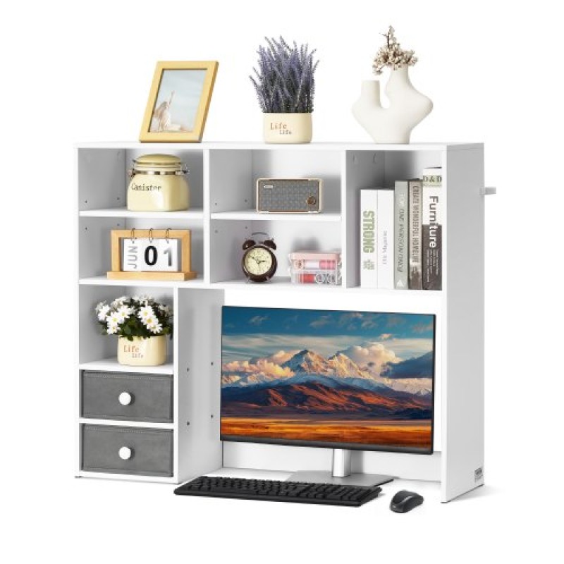 VEVOR Desktop Bookshelf, 3-Tier Desktop Storage Organizer, 37" x 10" x 31,1" ράφι γραφείου αποθήκευσης Ξύλινο ράφι, θήκη για επιτραπέζιο ράφι με δύο υφασμάτινα συρτάρια, για γραφείο, σπίτι και κοιτώνα, λευκό