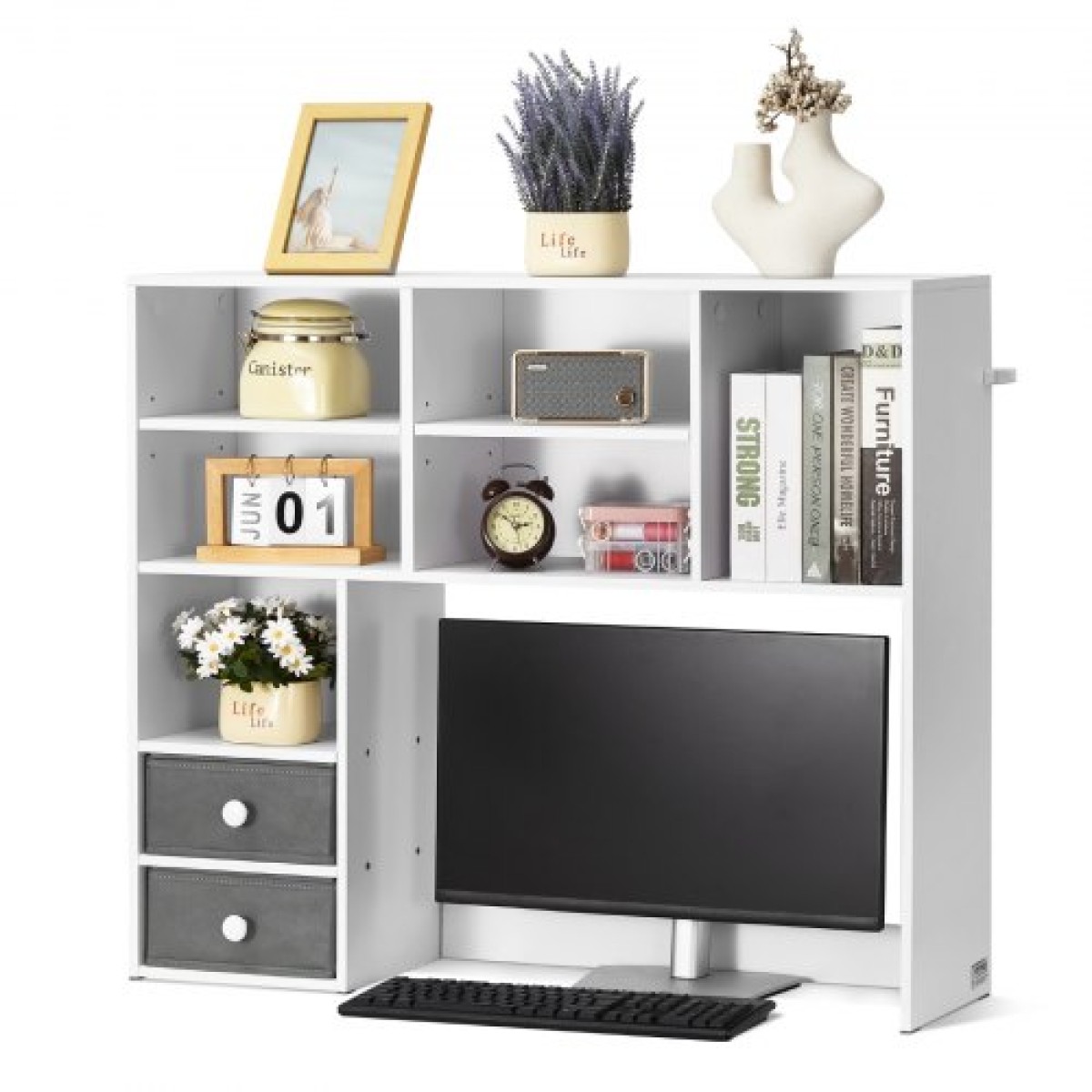 VEVOR Desktop Bookshelf, 3-Tier Desktop Storage Organizer, 37" x 10" x 31,1" ράφι γραφείου αποθήκευσης Ξύλινο ράφι, θήκη για επιτραπέζιο ράφι με δύο υφασμάτινα συρτάρια, για γραφείο, σπίτι και κοιτώνα, λευκό