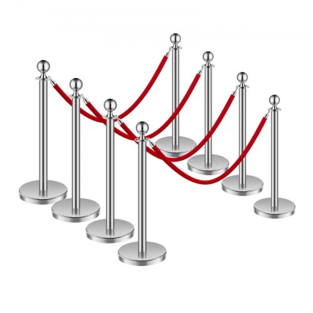 VEVOR Stanchion Post, 8 τμχ Σετ Crowd Control Barrier με 4 Red Velvet Ropes, 5 ft από ανοξείδωτο ατσάλι Ασημένιο Stanchion Post Queue με Sand Injection Hollow Base για θέατρο, πάρτι, γάμο, έκθεση