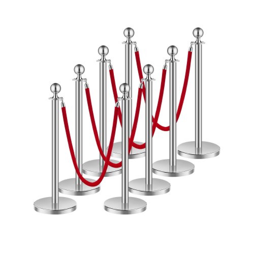 VEVOR Stanchion Post, 8 τμχ Σετ Crowd Control Barrier με 4 Red Velvet Ropes, 5 ft από ανοξείδωτο ατσάλι Ασημένιο Stanchion Post Queue με Sand Injection Hollow Base για θέατρο, πάρτι, γάμο, έκθεση