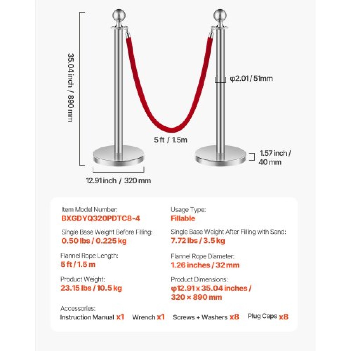VEVOR Stanchion Post, 8 τμχ Σετ Crowd Control Barrier με 4 Red Velvet Ropes, 5 ft από ανοξείδωτο ατσάλι Ασημένιο Stanchion Post Queue με Sand Injection Hollow Base για θέατρο, πάρτι, γάμο, έκθεση