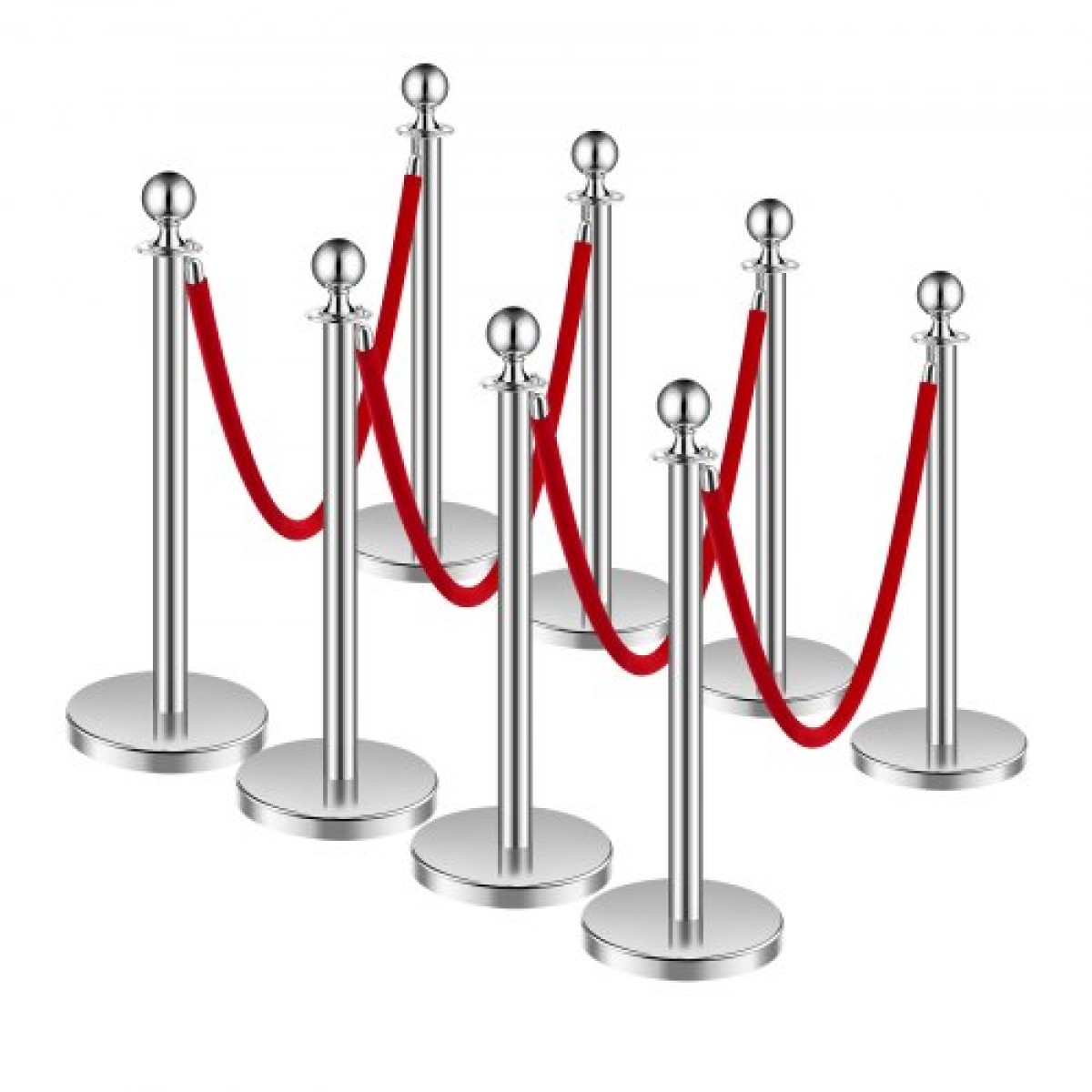 VEVOR Stanchion Post, 8 τμχ Σετ Crowd Control Barrier με 4 Red Velvet Ropes, 5 ft από ανοξείδωτο ατσάλι Ασημένιο Stanchion Post Queue με Sand Injection Hollow Base για θέατρο, πάρτι, γάμο, έκθεση