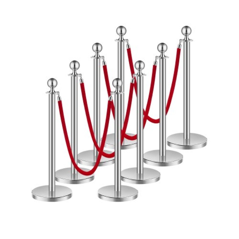 VEVOR Stanchion Post, 8 τμχ Σετ Crowd Control Barrier με 4 Red Velvet Ropes, 5 ft από ανοξείδωτο ατσάλι Ασημένιο Stanchion Post Queue με Sand Injection Hollow Base για θέατρο, πάρτι, γάμο, έκθεση