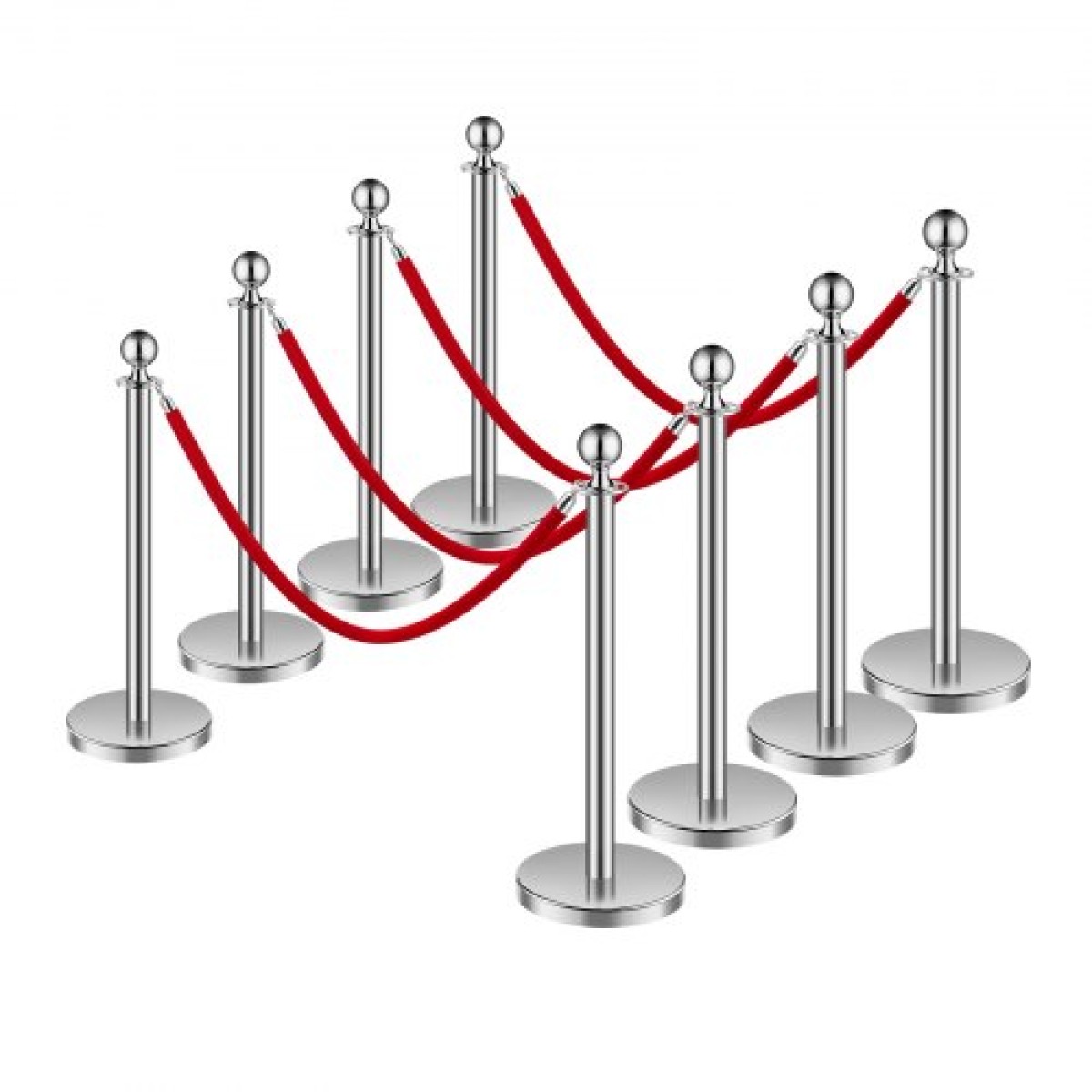 VEVOR Stanchion Post, 8 τμχ Σετ Crowd Control Barrier με 4 Red Velvet Ropes, 5 ft από ανοξείδωτο ατσάλι Ασημένιο Stanchion Post Queue με Sand Injection Hollow Base για θέατρο, πάρτι, γάμο, έκθεση