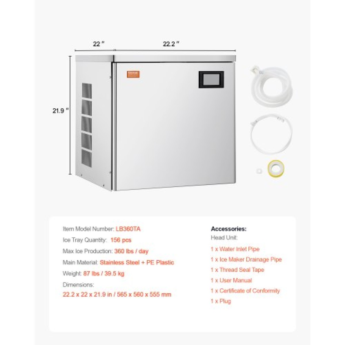 VEVOR Commercial Ice Maker 360 lbs/Day Self-Cleaning Ice Machine - Head Only
