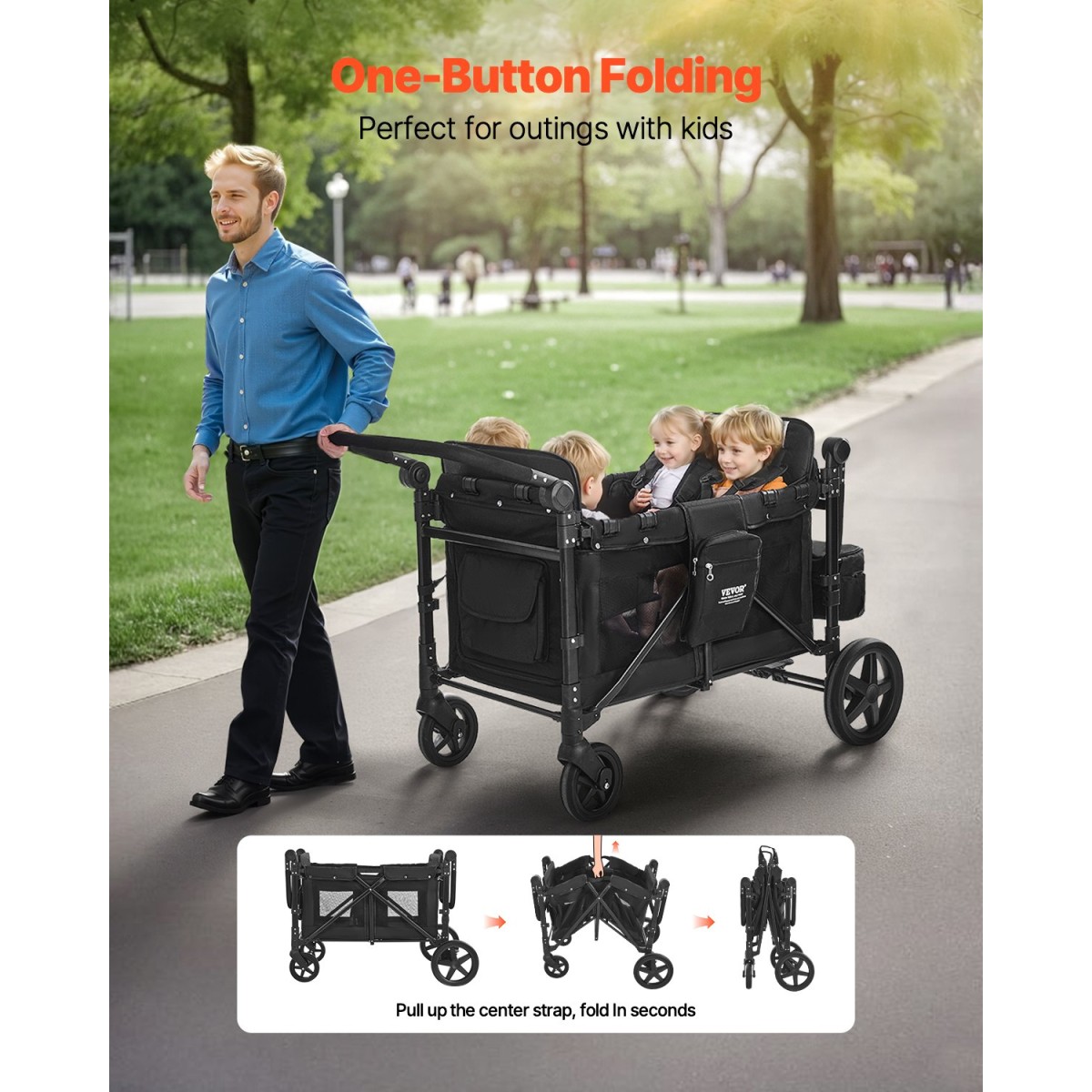 Καρότσι VEVOR Wagon για 4 παιδιά, Push Pull Quad πτυσσόμενο καρότσι με ρυθμιζόμενη λαβή, ζώνη ασφαλείας 5 σημείων & αφαιρούμενο κουβούκλιο, καροτσάκι 4 θέσεων για κάμπινγκ, μαύρο (330LBS Φόρτωση)