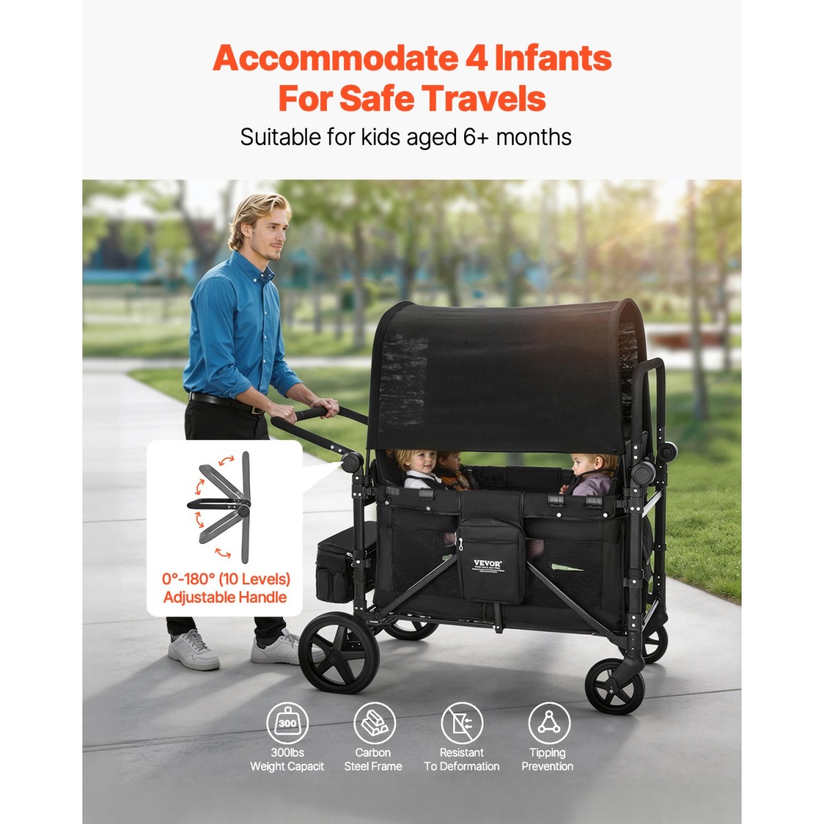 Καρότσι VEVOR Wagon για 4 παιδιά, Push Pull Quad πτυσσόμενο καρότσι με ρυθμιζόμενη λαβή, ζώνη ασφαλείας 5 σημείων & αφαιρούμενο κουβούκλιο, καροτσάκι 4 θέσεων για κάμπινγκ, μαύρο (330LBS Φόρτωση)