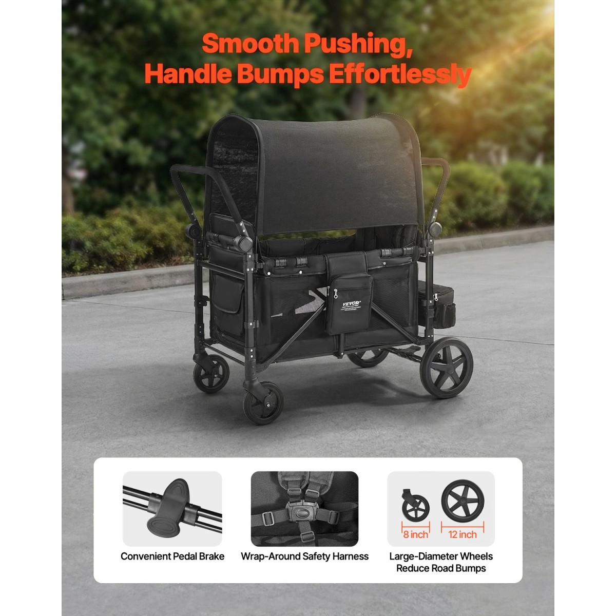Καρότσι VEVOR Wagon για 4 παιδιά, Push Pull Quad πτυσσόμενο καρότσι με ρυθμιζόμενη λαβή, ζώνη ασφαλείας 5 σημείων & αφαιρούμενο κουβούκλιο, καροτσάκι 4 θέσεων για κάμπινγκ, μαύρο (330LBS Φόρτωση)