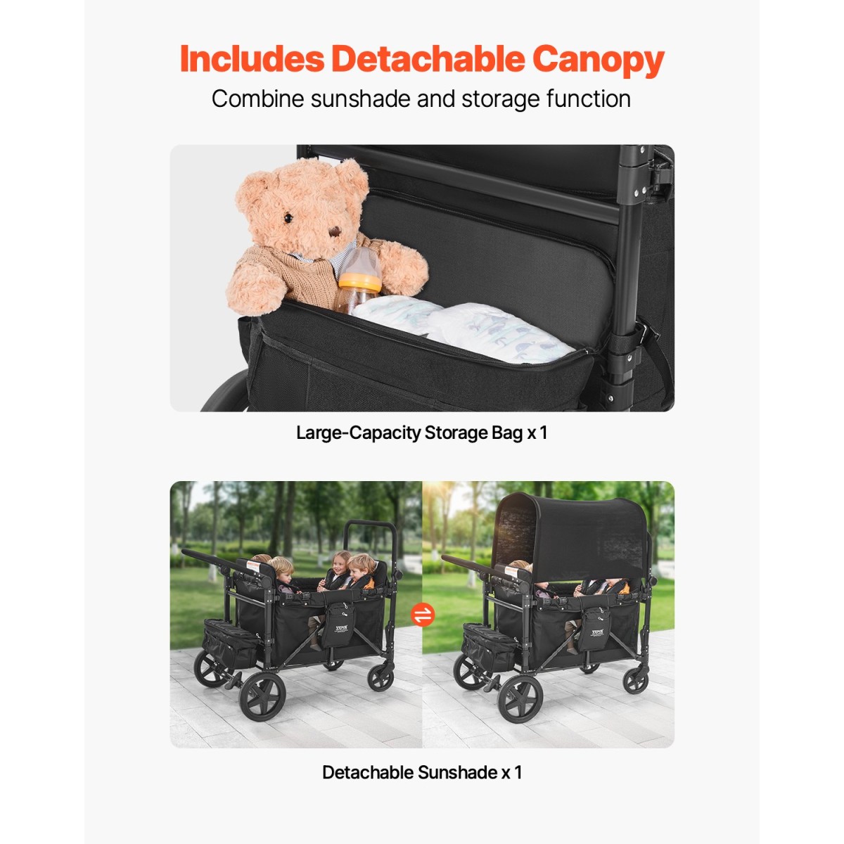 Καρότσι VEVOR Wagon για 4 παιδιά, Push Pull Quad πτυσσόμενο καρότσι με ρυθμιζόμενη λαβή, ζώνη ασφαλείας 5 σημείων & αφαιρούμενο κουβούκλιο, καροτσάκι 4 θέσεων για κάμπινγκ, μαύρο (330LBS Φόρτωση)