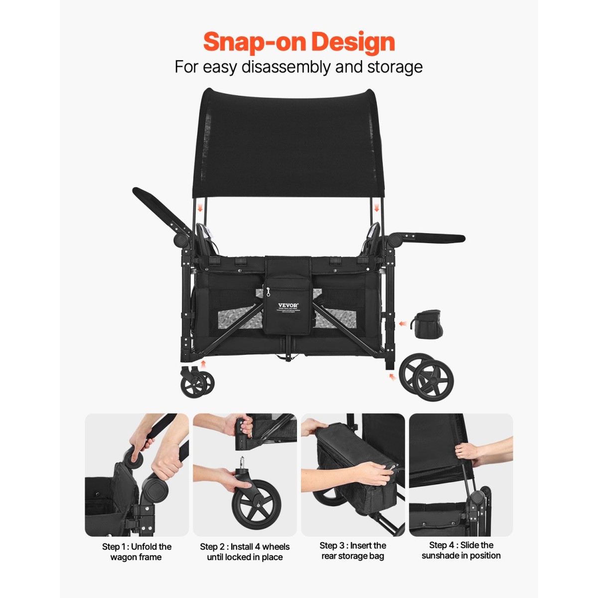 Καρότσι VEVOR Wagon για 4 παιδιά, Push Pull Quad πτυσσόμενο καρότσι με ρυθμιζόμενη λαβή, ζώνη ασφαλείας 5 σημείων & αφαιρούμενο κουβούκλιο, καροτσάκι 4 θέσεων για κάμπινγκ, μαύρο (330LBS Φόρτωση)