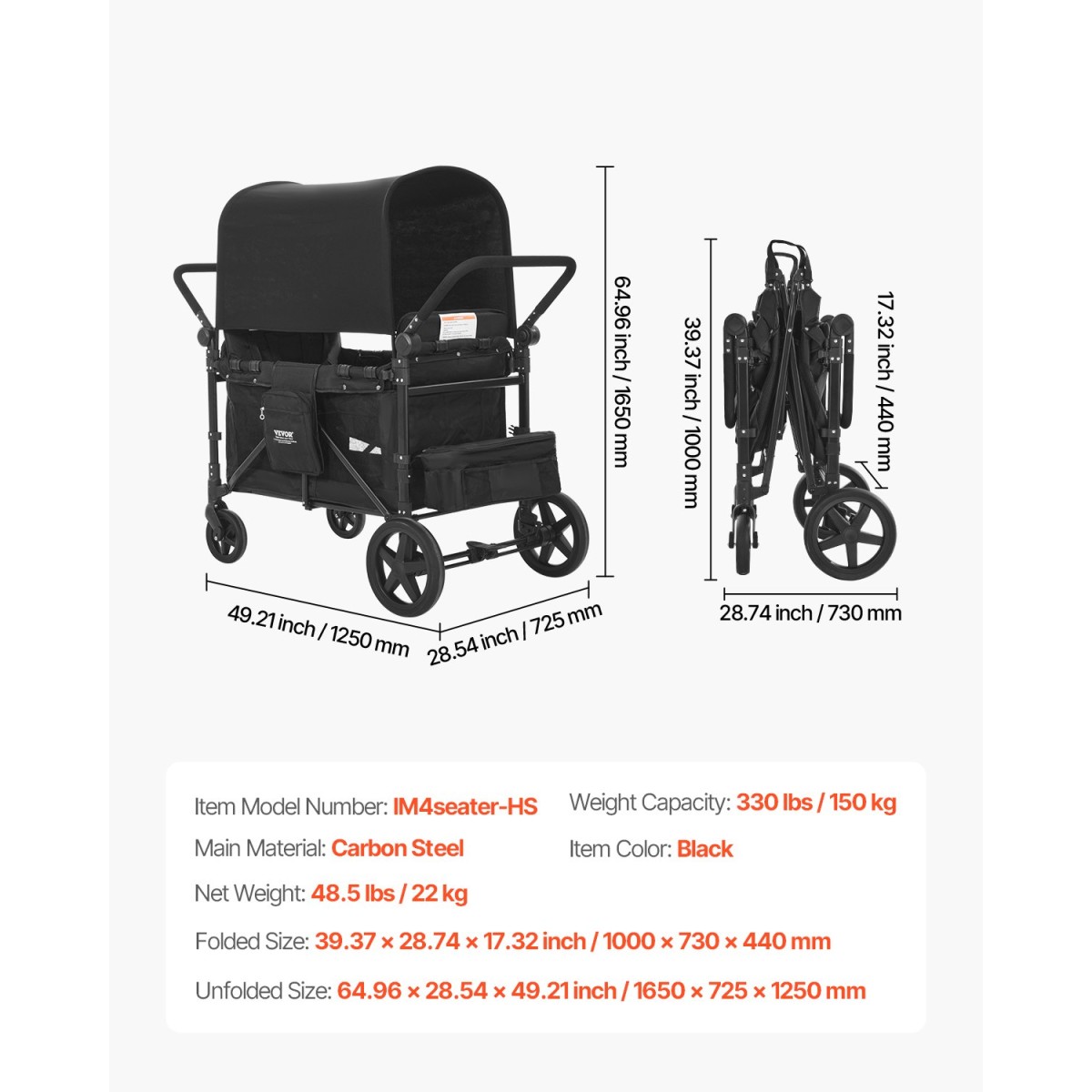 Καρότσι VEVOR Wagon για 4 παιδιά, Push Pull Quad πτυσσόμενο καρότσι με ρυθμιζόμενη λαβή, ζώνη ασφαλείας 5 σημείων & αφαιρούμενο κουβούκλιο, καροτσάκι 4 θέσεων για κάμπινγκ, μαύρο (330LBS Φόρτωση)