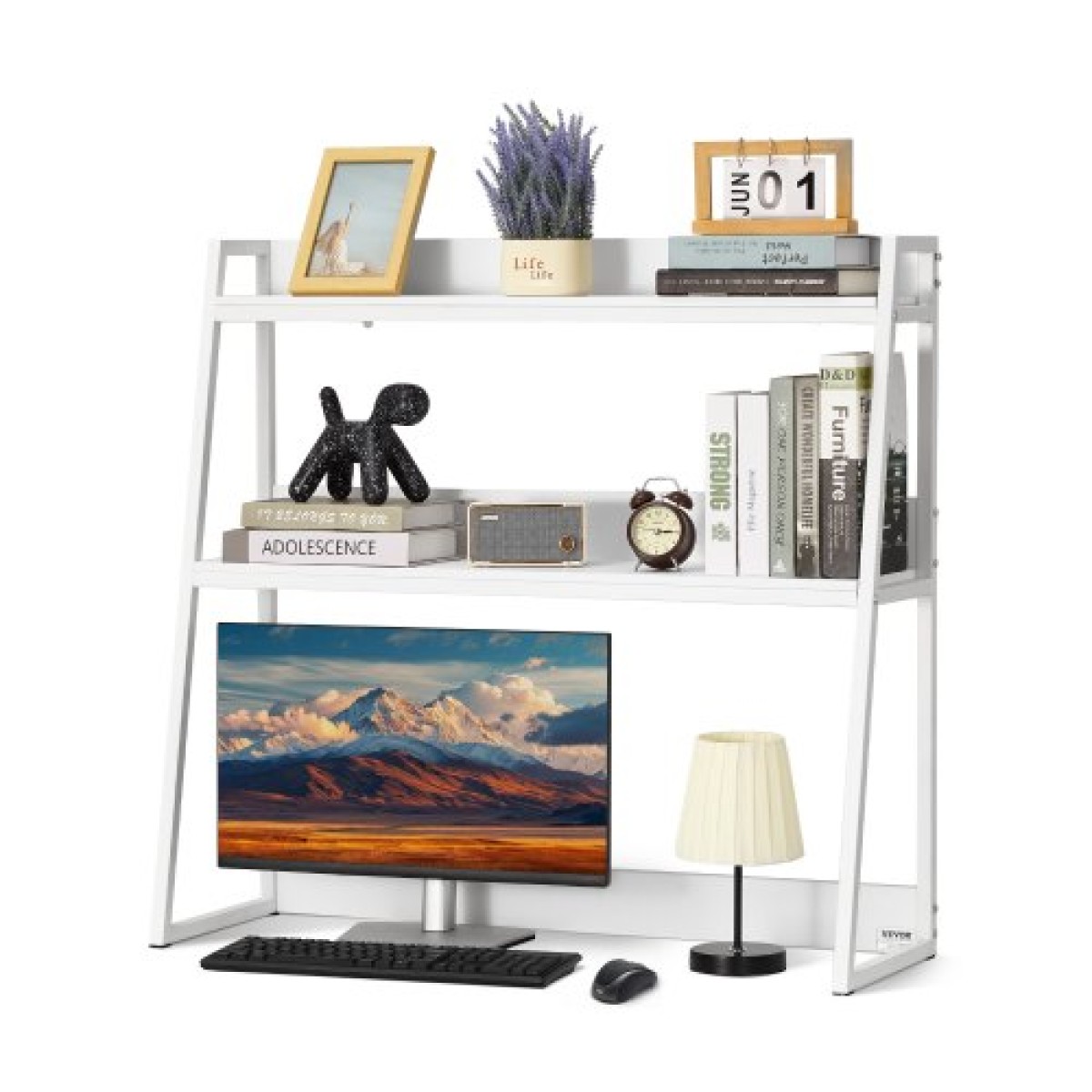 VEVOR Desktop Bookshelf, 2-Tier Desktop Storage Organizer, 37,4" x 12,6" x 35,4" Ράφι οθόνης ραφιών αποθήκευσης γραφείου, κάλυμμα επιτραπέζιου ραφιού με αντιολισθητικά πόδια ποδιών, για γραφείο, σπίτι και κοιτώνα, λευκό