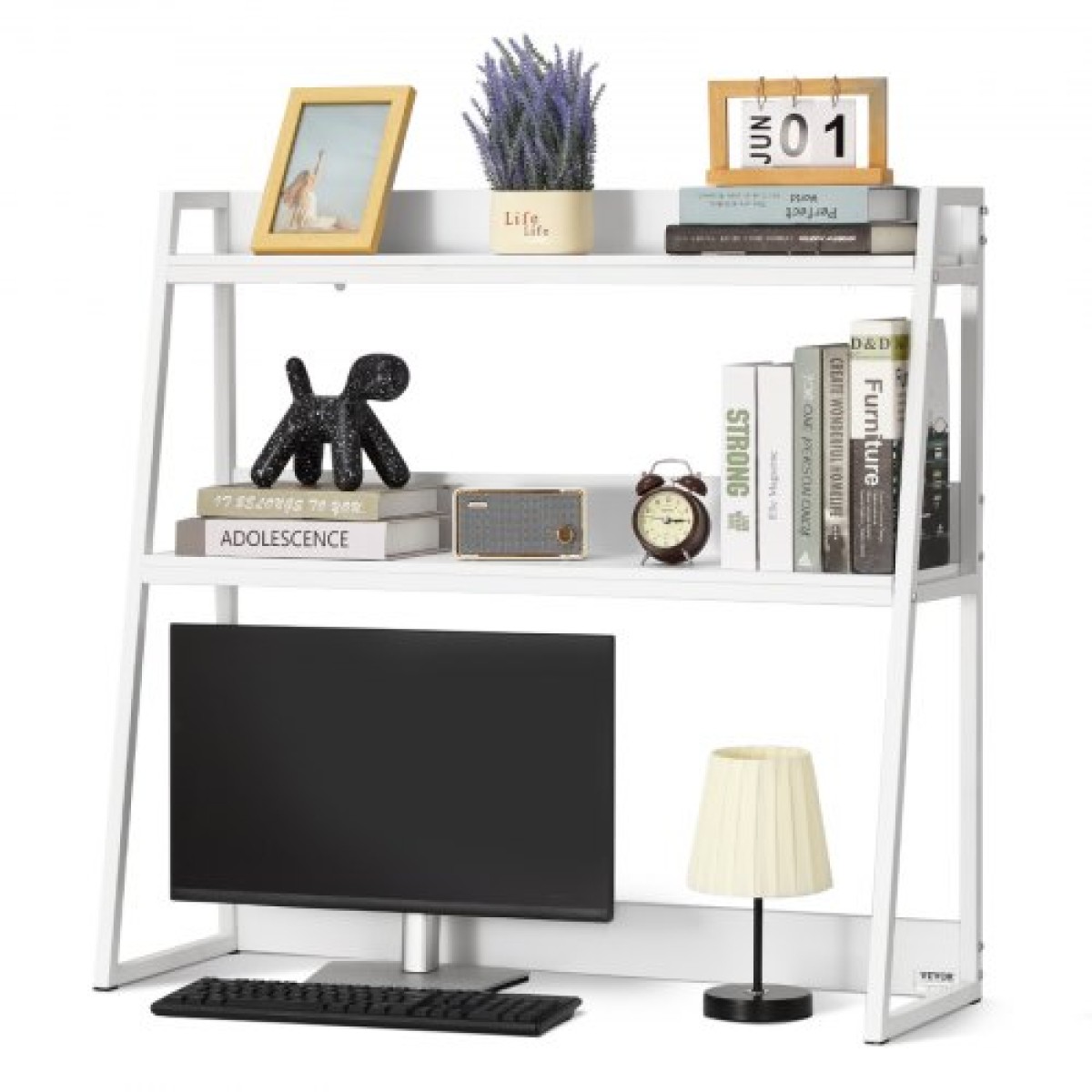 VEVOR Desktop Bookshelf, 2-Tier Desktop Storage Organizer, 37,4" x 12,6" x 35,4" Ράφι οθόνης ραφιών αποθήκευσης γραφείου, κάλυμμα επιτραπέζιου ραφιού με αντιολισθητικά πόδια ποδιών, για γραφείο, σπίτι και κοιτώνα, λευκό