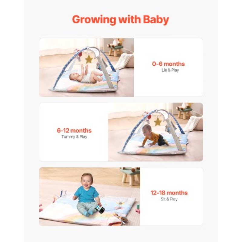 VEVOR Baby Play Gym Mat, Tummy Time Mat με 6 Sensory Toys, Baby Activity Mat with Light-up Musical Rocket Toy για νεογέννητο βρέφος 0-18 μηνών, Βασικό δώρο μωρού για ανάπτυξη αισθητηριακών και κινητικών δεξιοτήτων