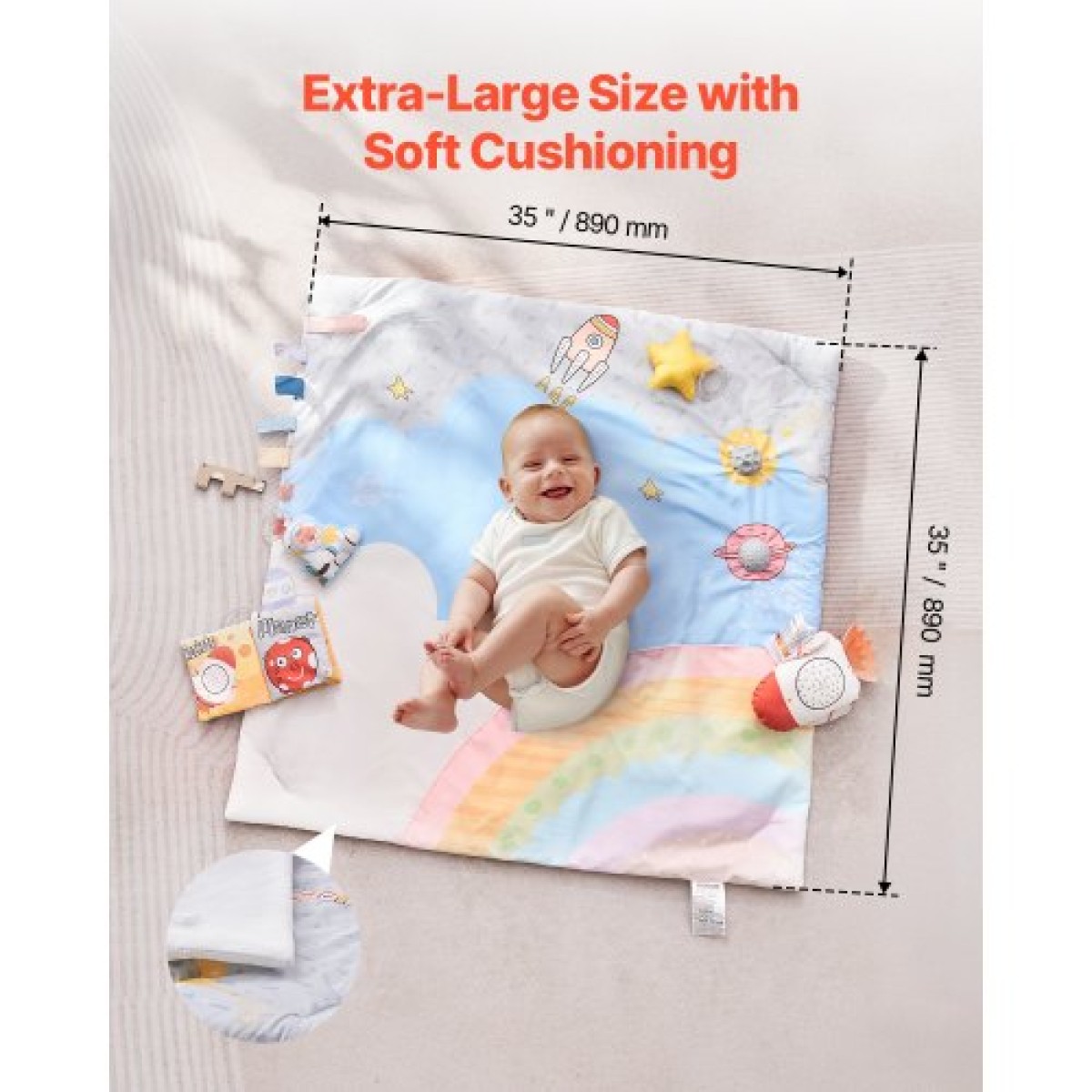VEVOR Baby Play Gym Mat, Tummy Time Mat με 6 Sensory Toys, Baby Activity Mat with Light-up Musical Rocket Toy για νεογέννητο βρέφος 0-18 μηνών, Βασικό δώρο μωρού για ανάπτυξη αισθητηριακών και κινητικών δεξιοτήτων