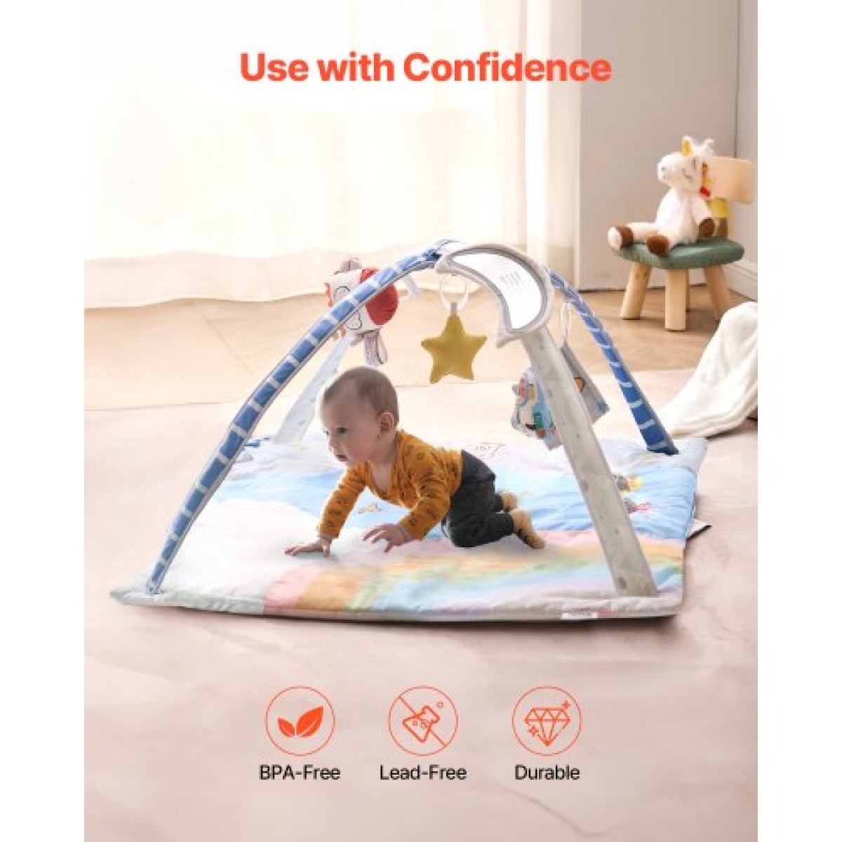 VEVOR Baby Play Gym Mat, Tummy Time Mat με 6 Sensory Toys, Baby Activity Mat with Light-up Musical Rocket Toy για νεογέννητο βρέφος 0-18 μηνών, Βασικό δώρο μωρού για ανάπτυξη αισθητηριακών και κινητικών δεξιοτήτων