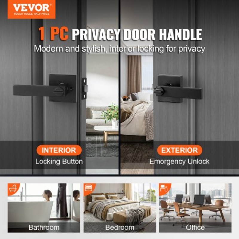 Privacy Door Handle 1 PC Matte Black Square Door Lever Interior Reversible Lever