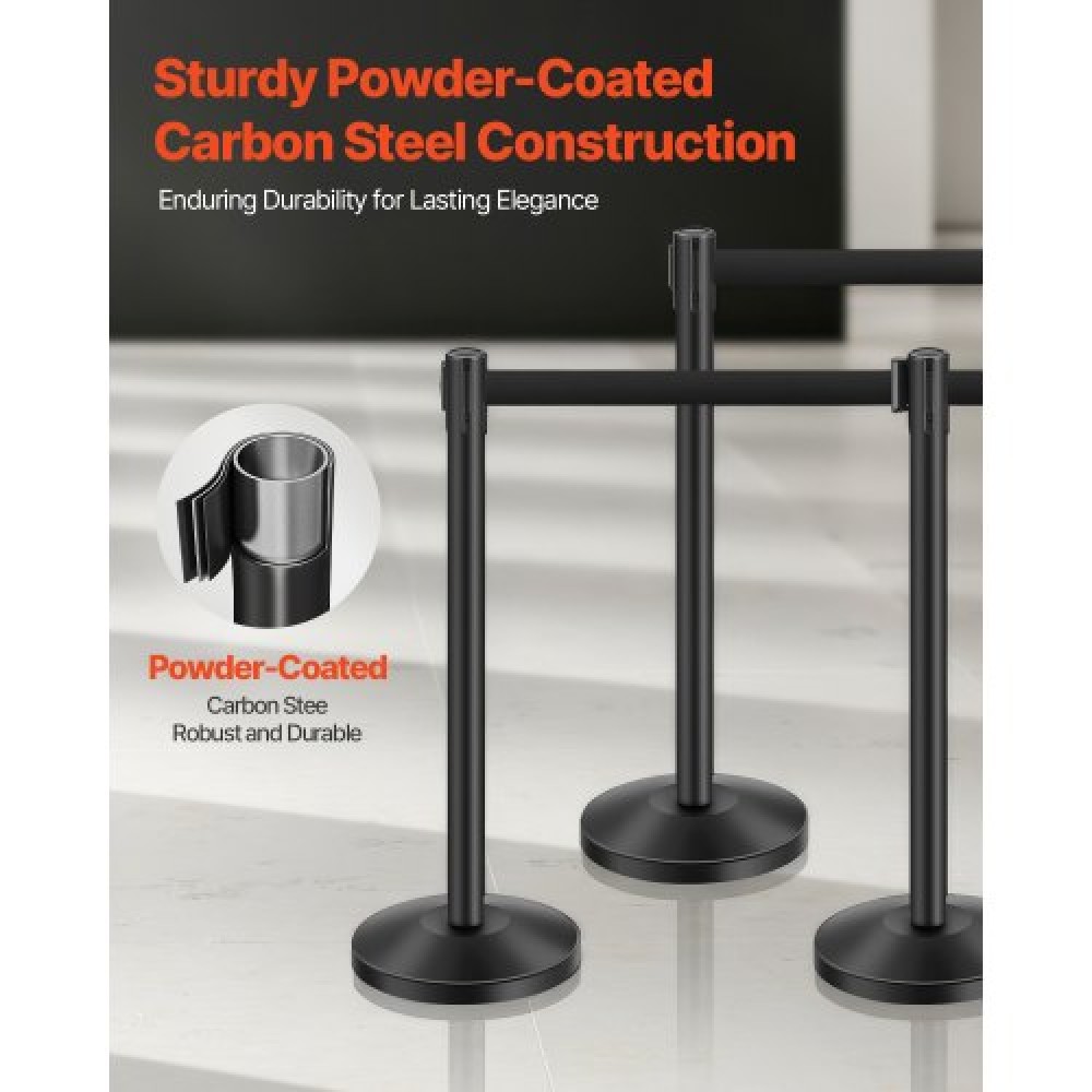 VEVOR Stanchion Post, 6 τεμ. Crowd Control Barrier με 6 ανασυρόμενες ζώνες, Carbon Steel Black Stanchion Post Queue με Sand Injection Hollow Base για θέατρα, πάρτι, γάμους, εκθέσεις, μαύρο