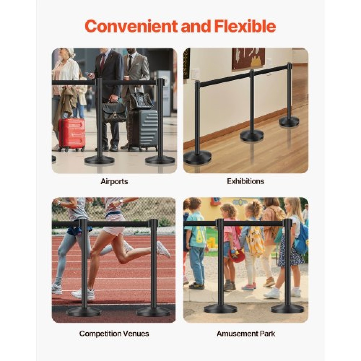VEVOR Stanchion Post, 6 τεμ. Crowd Control Barrier με 6 ανασυρόμενες ζώνες, Carbon Steel Black Stanchion Post Queue με Sand Injection Hollow Base για θέατρα, πάρτι, γάμους, εκθέσεις, μαύρο