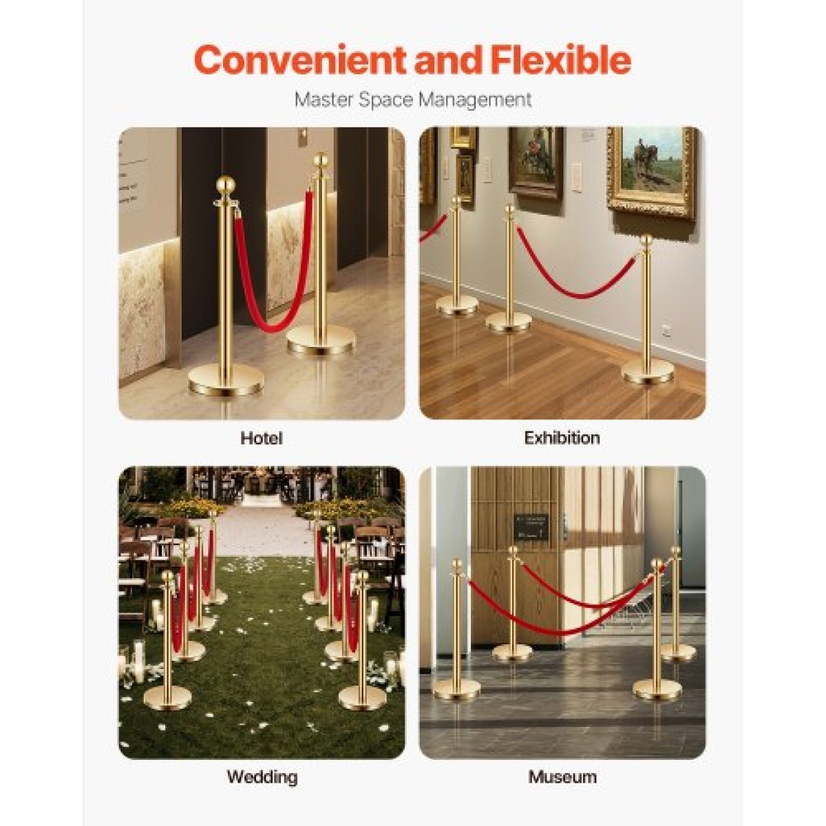 VEVOR Stanchion Post, 4 τεμάχια Crowd Control Barrier Set με 2 Red Velvet Ropes, 5 ft inox Gold Stanchion Post Queue with Sand Injection Hollow Base για θέατρο, πάρτι, γάμους, έκθεση