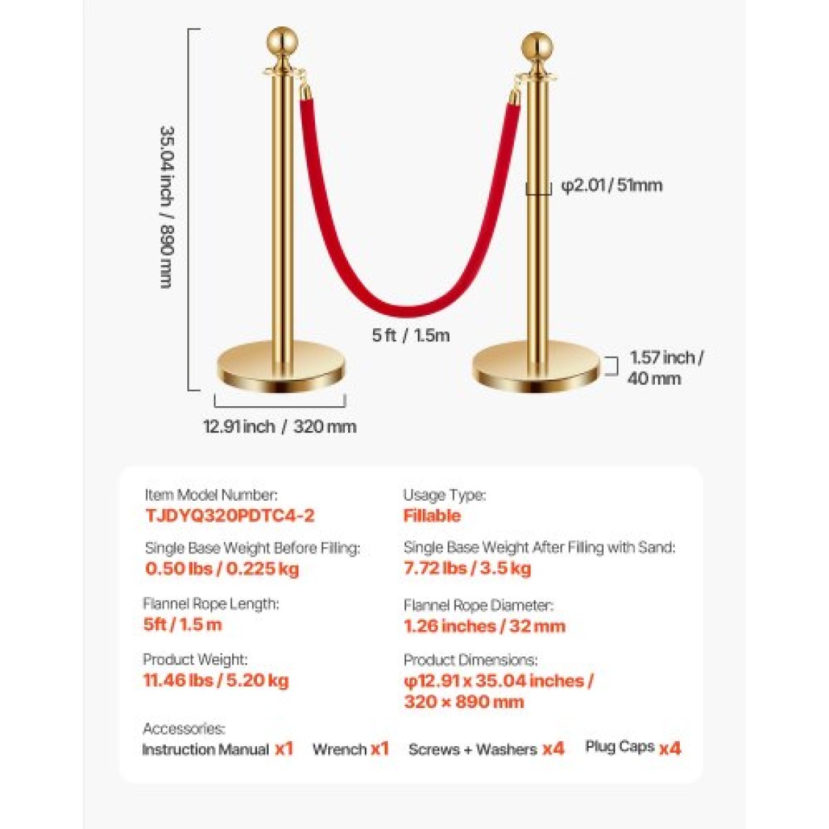 VEVOR Stanchion Post, 4 τεμάχια Crowd Control Barrier Set με 2 Red Velvet Ropes, 5 ft inox Gold Stanchion Post Queue with Sand Injection Hollow Base για θέατρο, πάρτι, γάμους, έκθεση